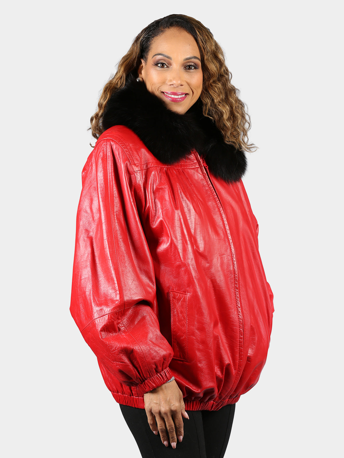 Woman's Plus Size Dyed Red Leather Jacket with Black Sheared Rex Rabbit Fur Liner