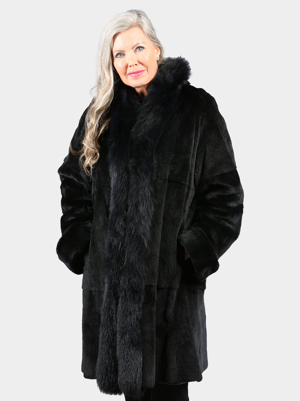Woman's Dyed Navy Sheared Mink Fur 3/4 Coat with Fox Tuxedo Front Reverses to Leather