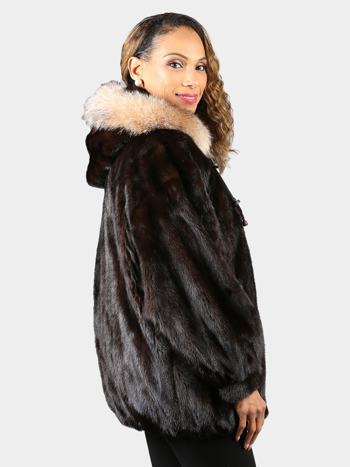 Woman's Plus Size Mahogany Female Mink Fur Jacket with Detachable Hood