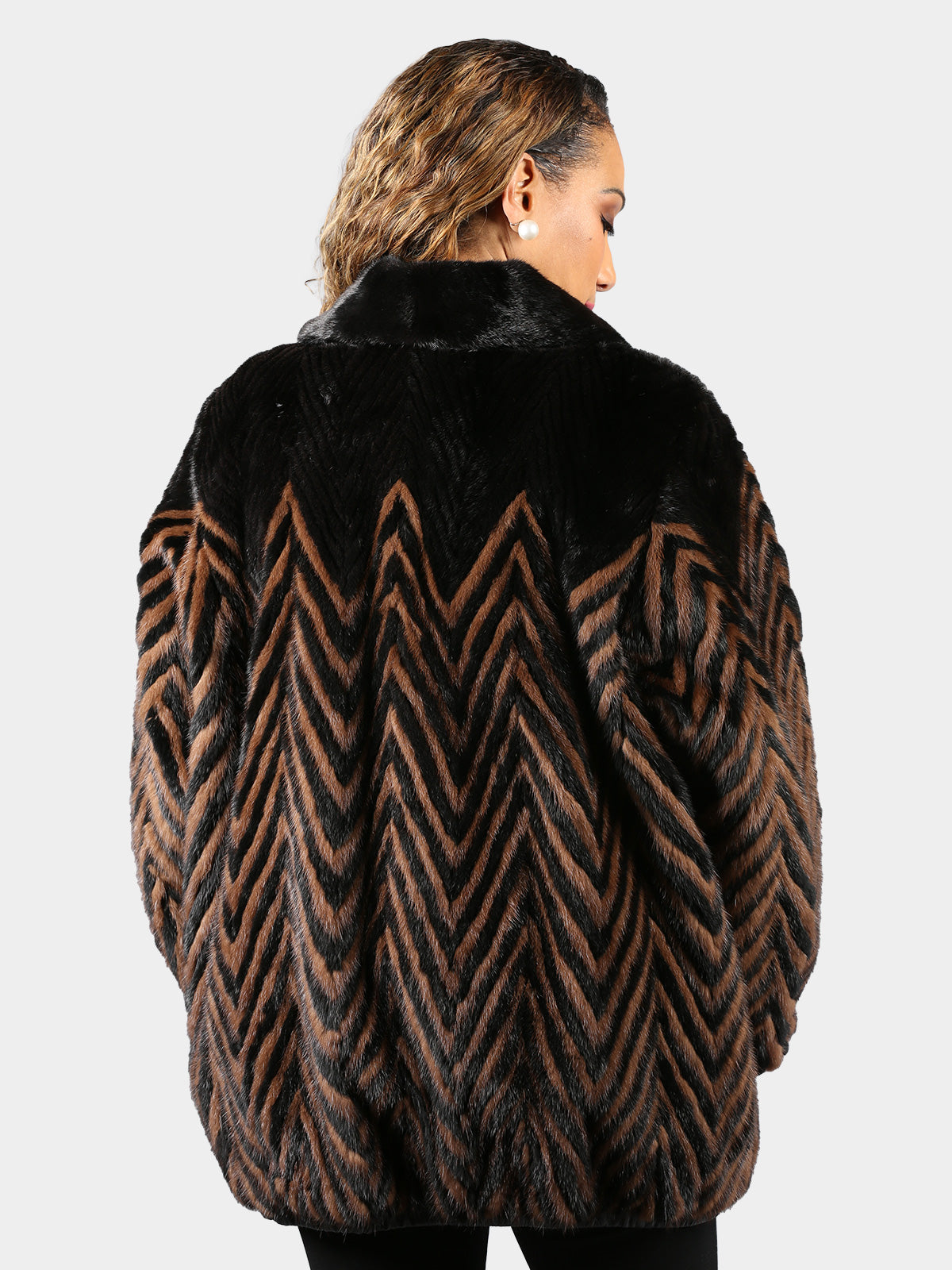 Woman's Plus Size Ranch and Lunaraine Mink Fur Jacket in Chevron Pattern Reverses to Black Leather