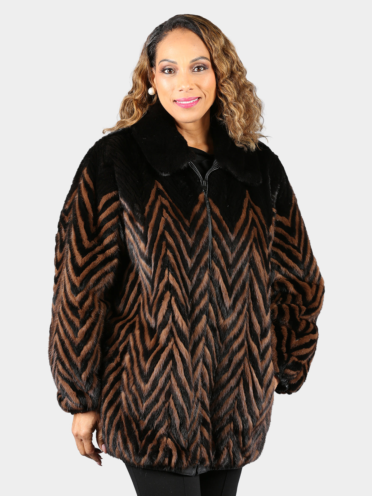 Woman's Plus Size Ranch and Lunaraine Mink Fur Jacket in Chevron Pattern Reverses to Black Leather