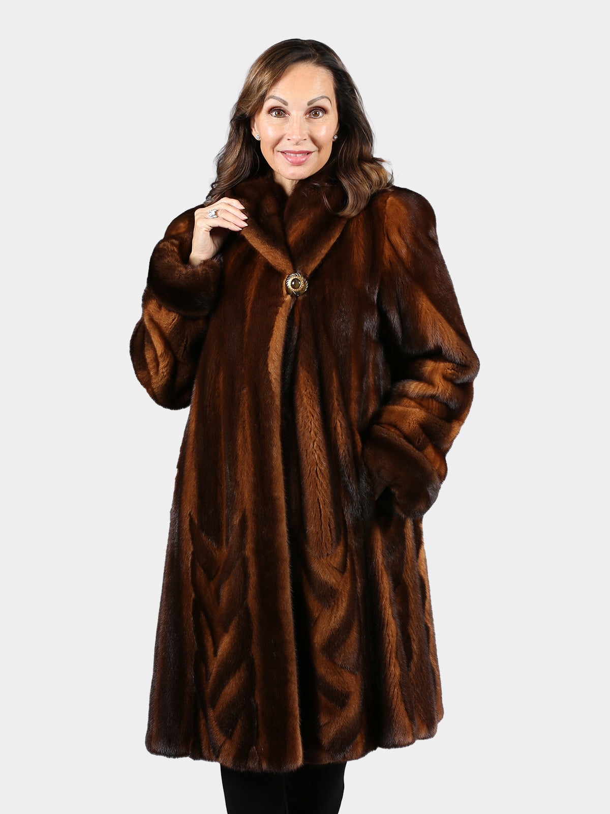 Woman's Mahogany and Whiskey Female Mink Fur 3/4 Coat with Intricate Design