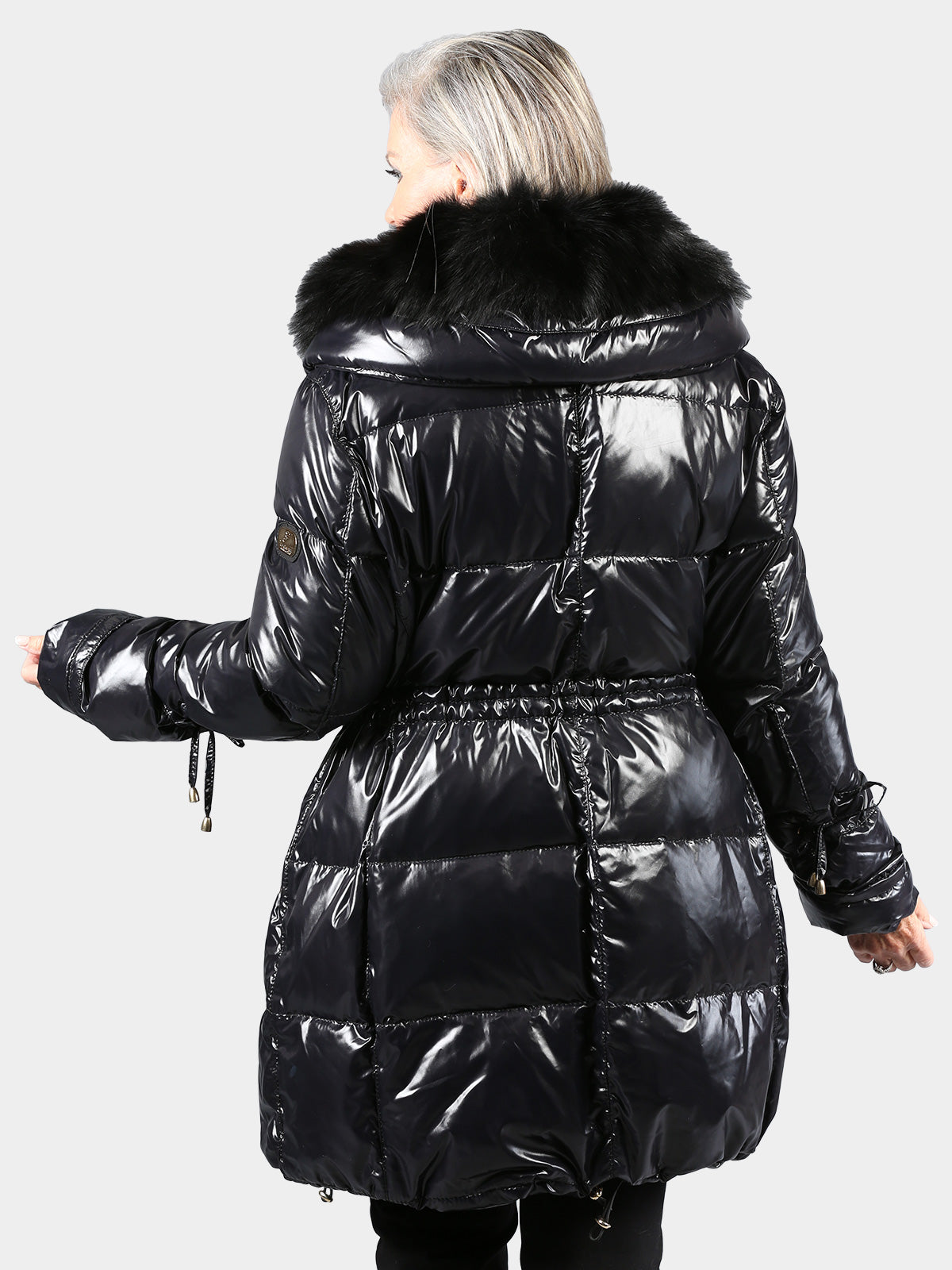 Woman's Dyed Black Gorski Apres Ski Fabric Jacket with Fox Fur Trim