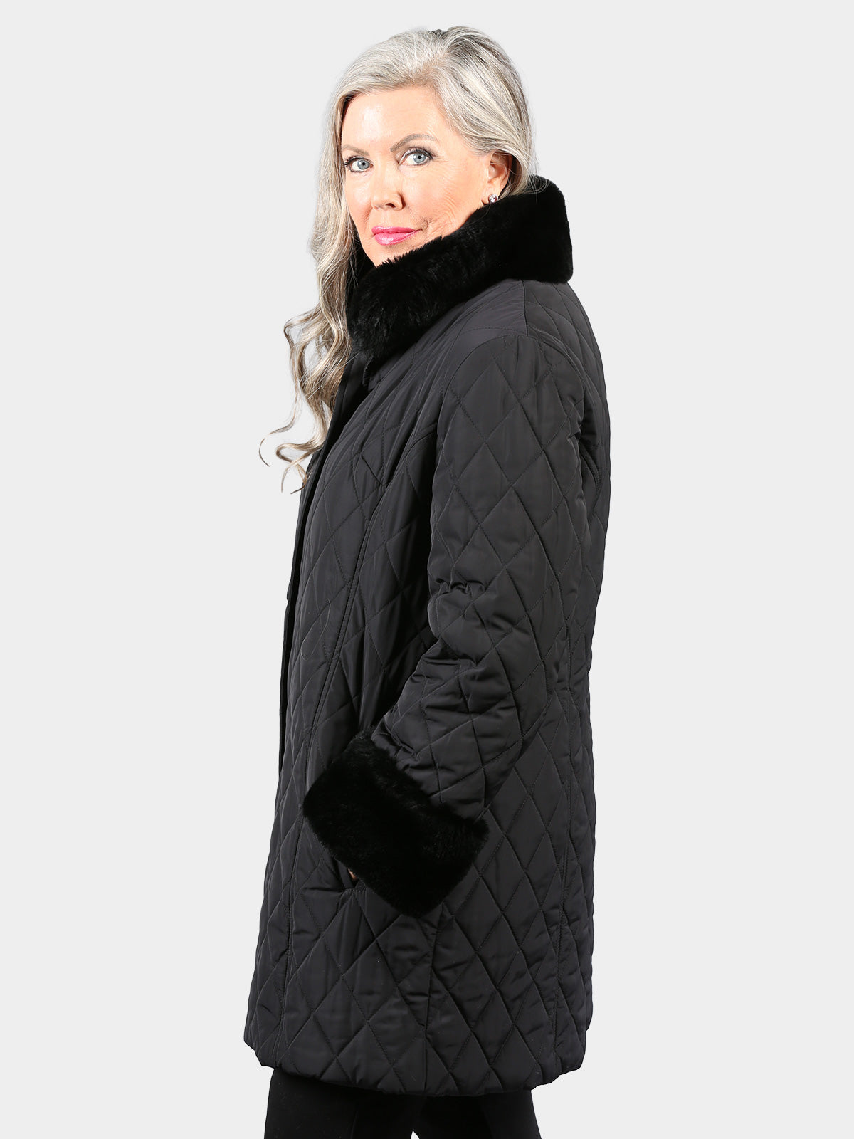 Woman's Dyed Black Quilted Fabric Stroller with Rex Rabbit Fur Trim