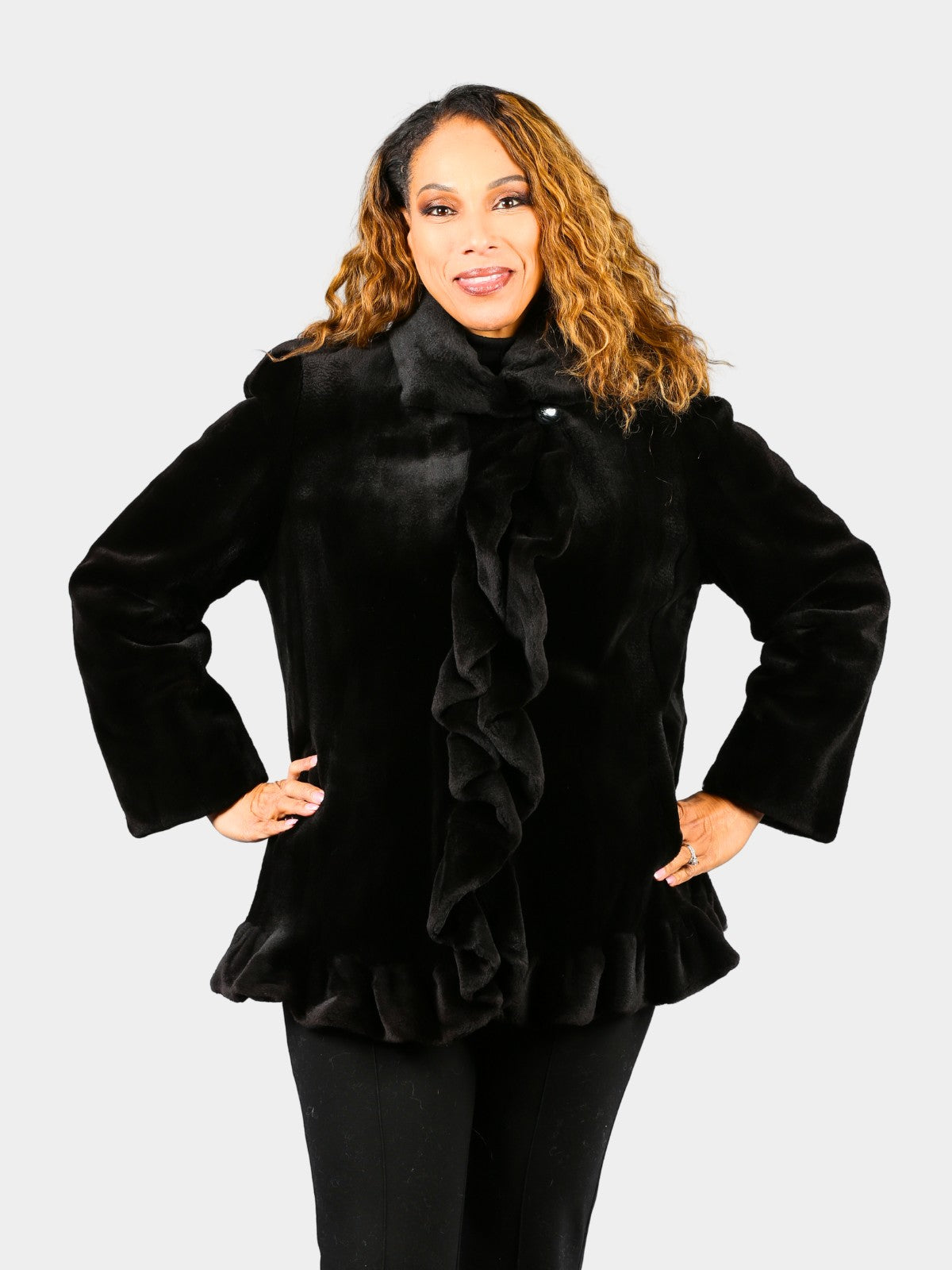 Woman's Dyed Black Sheared Mink Fur Jacket with Ruffles