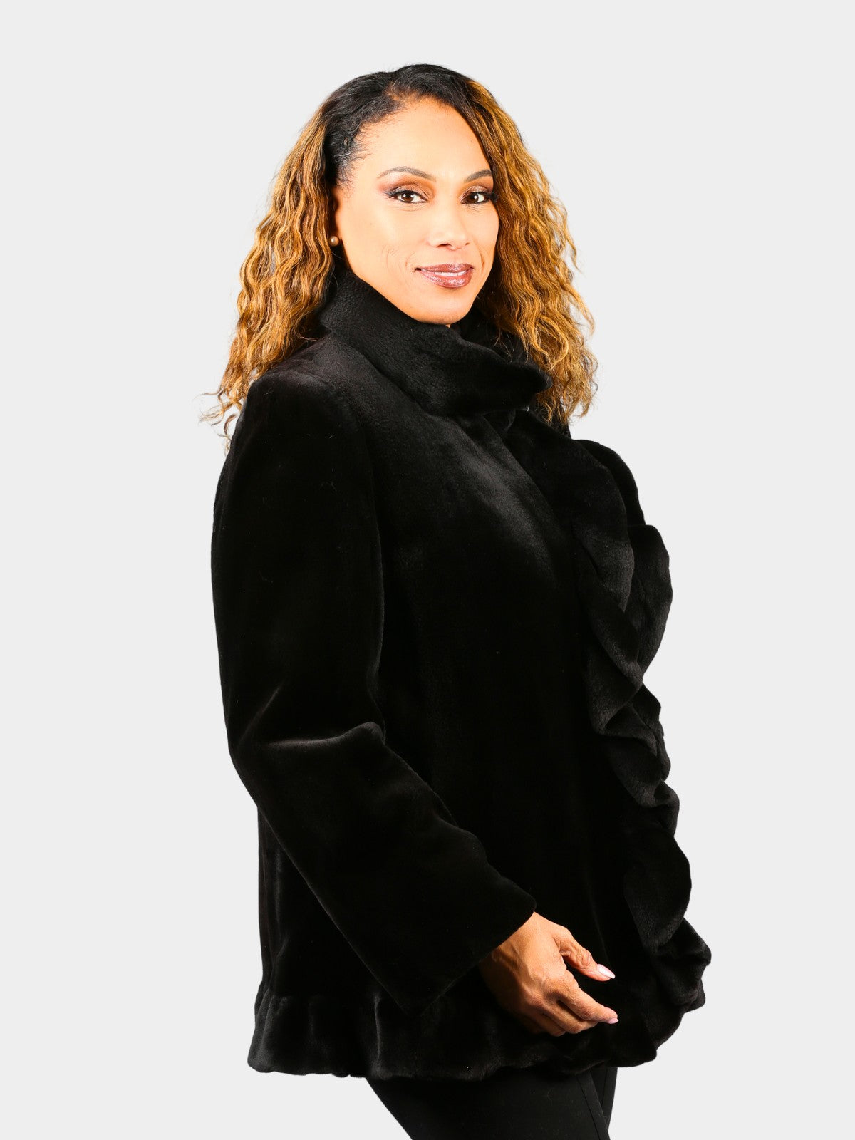 Woman's Dyed Black Sheared Mink Fur Jacket with Ruffles