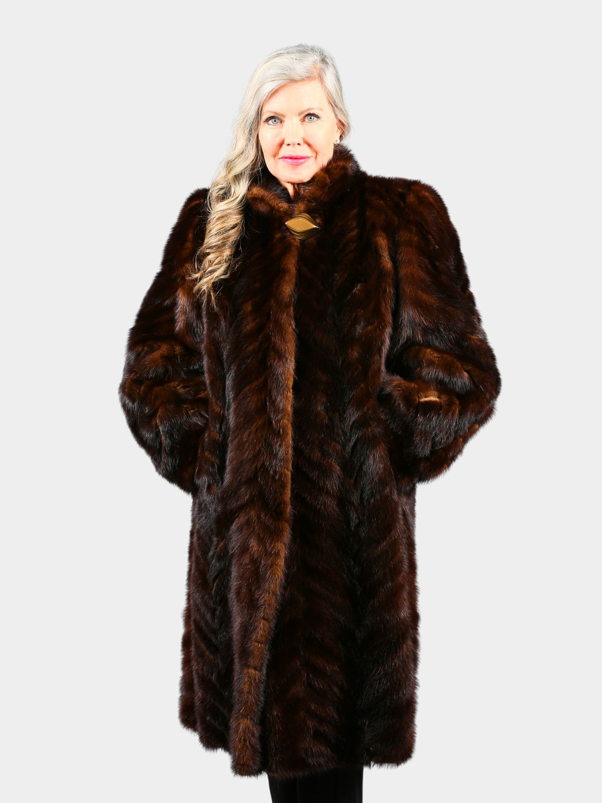 Woman's Mahogany Mink Tail Fur 7/8 Coat with Herringbone Design