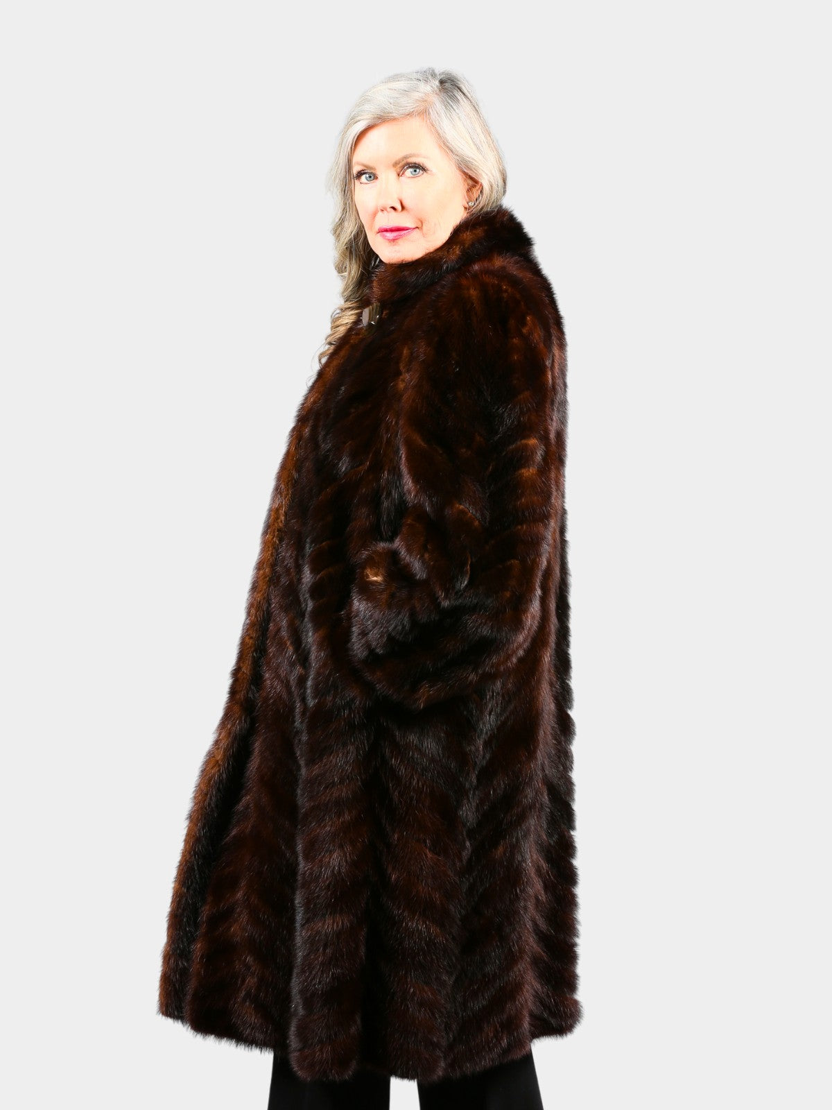 Woman's Mahogany Mink Tail Fur 7/8 Coat with Herringbone Design