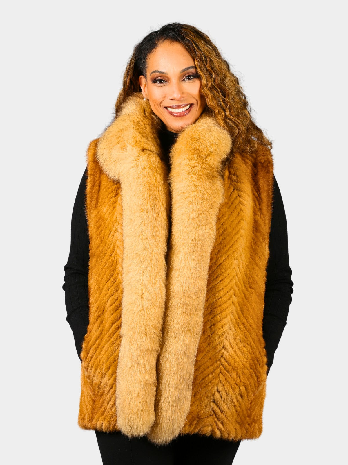 Woman's Dyed Whiskey Mink Fur Vest with Fox Trim