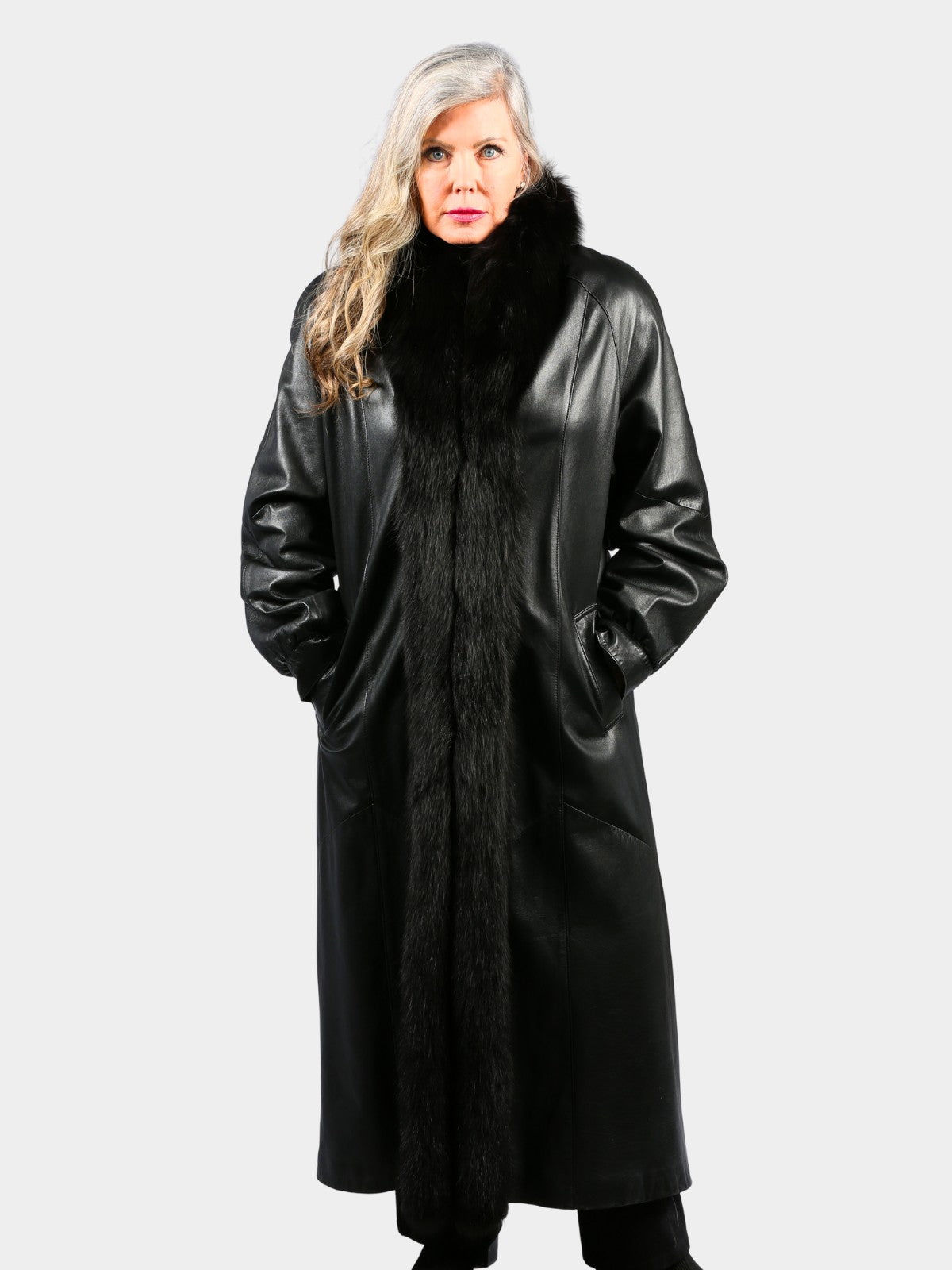 Woman's Dyed Black Leather Coat with Black Fox Trim