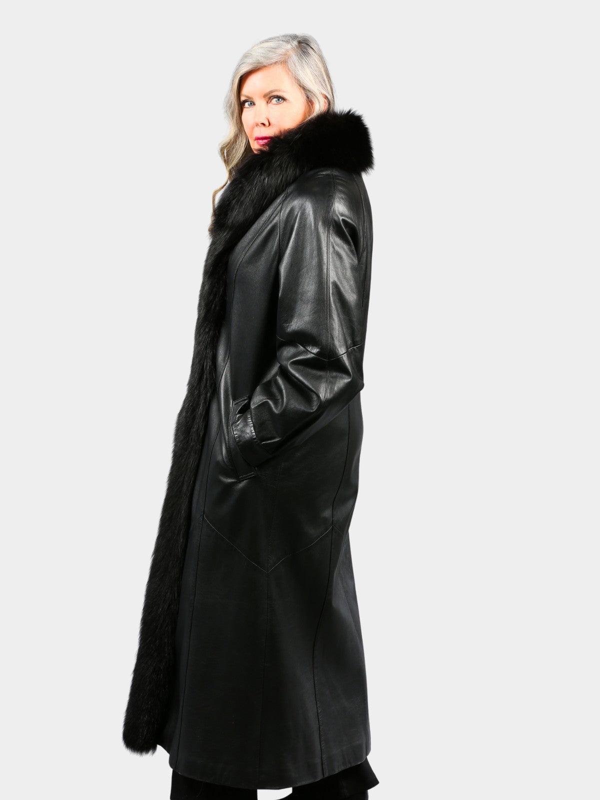 Woman's Dyed Black Leather Coat with Black Fox Trim