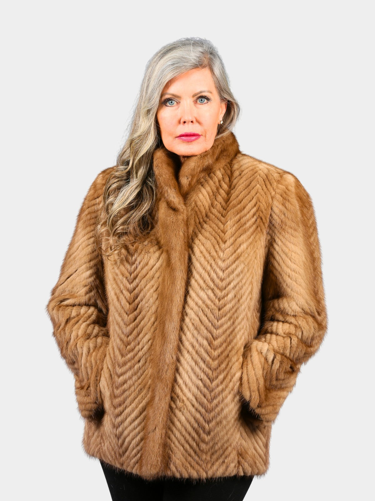 Woman's Pastel Cord Cut Mink Fur Jacket in Chevron Design