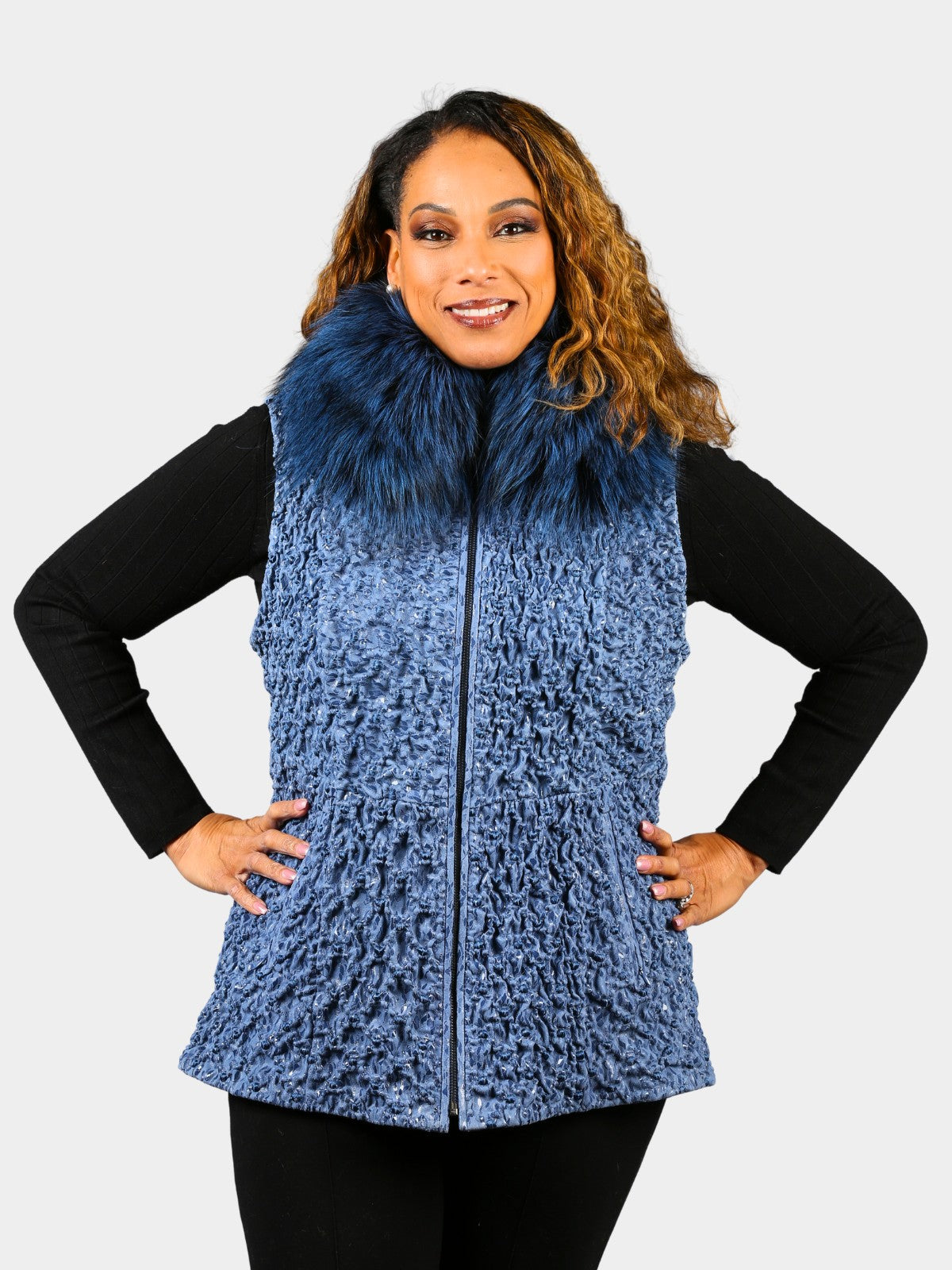 Woman's Dyed Ice Blue Bubble Stretch Leather Vest with Silver Fox Collar