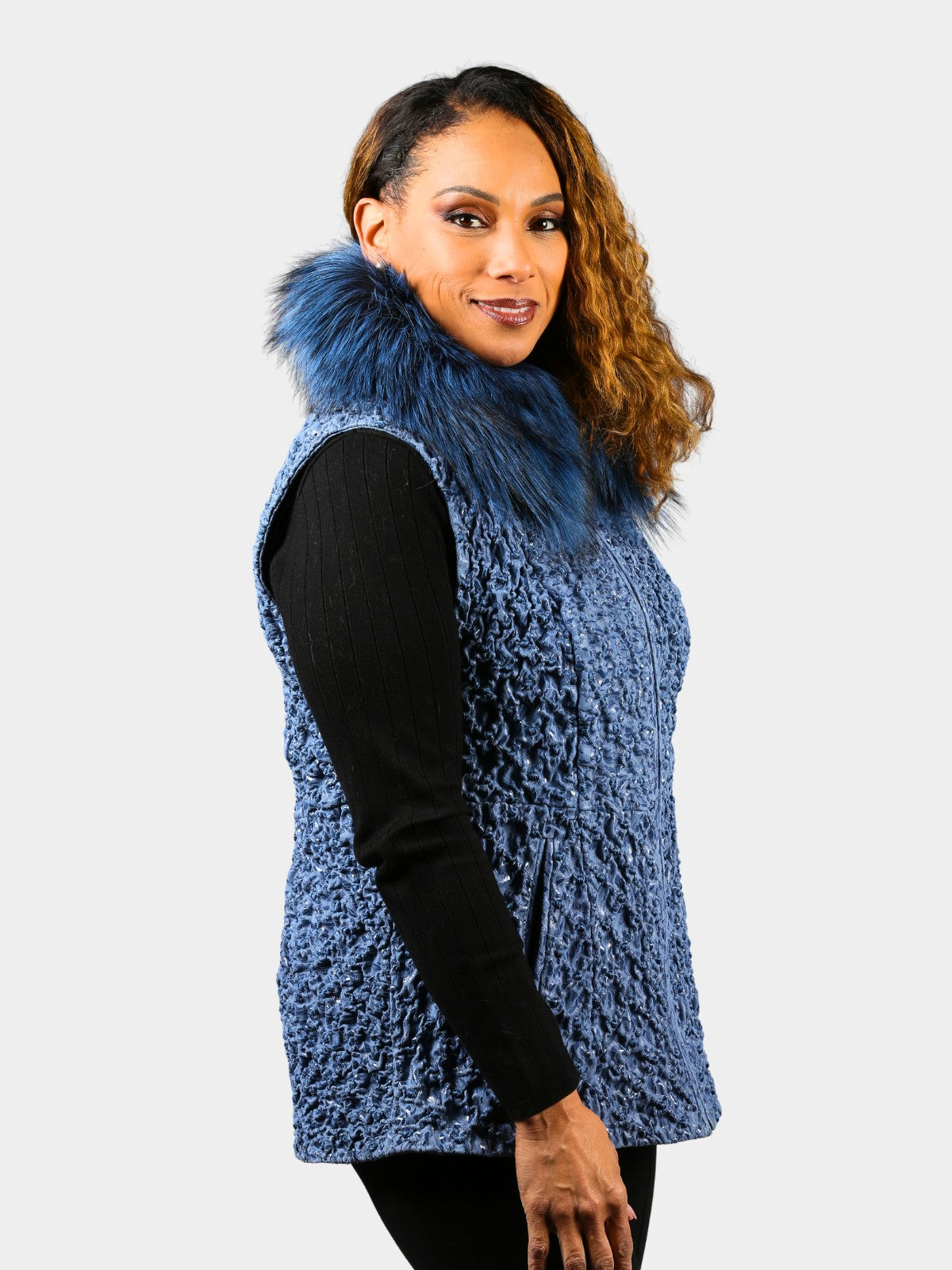 Woman's Dyed Ice Blue Bubble Stretch Leather Vest with Silver Fox Collar