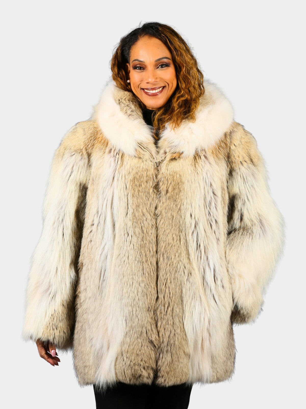 Woman's Plus Size Natural Coyote Fur Parka with Shadow Fox Trim