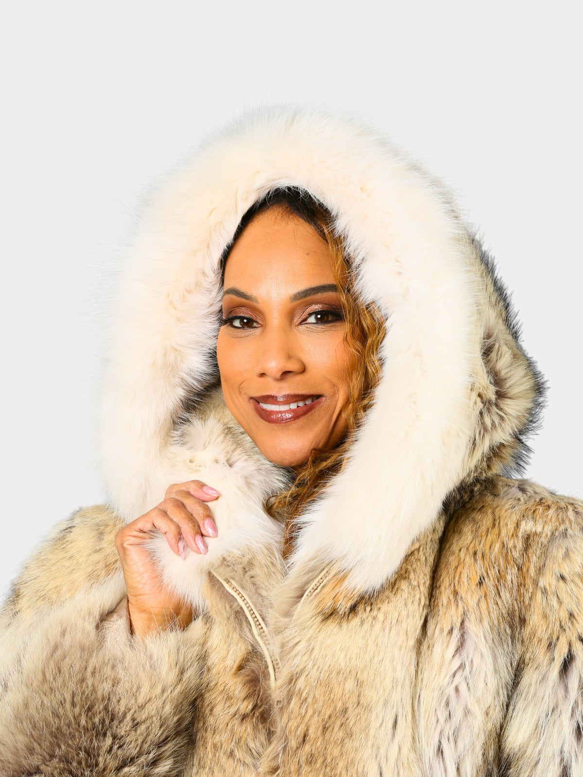 Woman's Plus Size Natural Coyote Fur Parka with Shadow Fox Trim