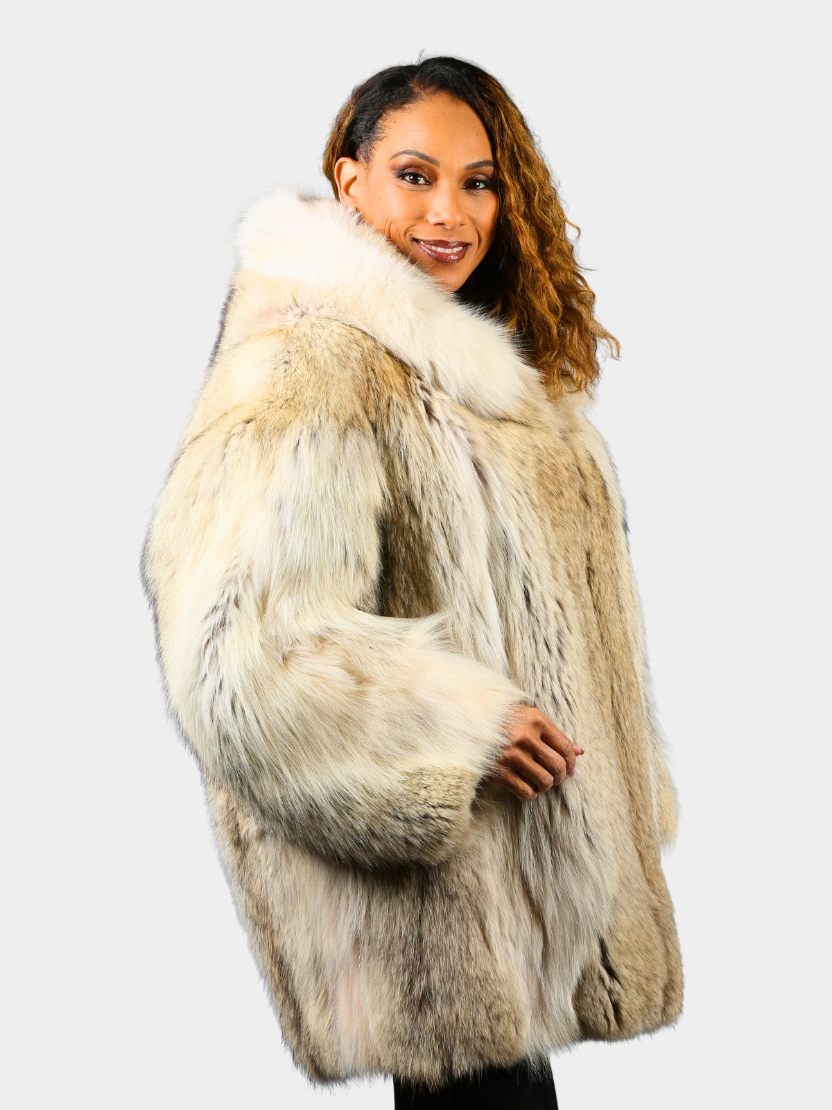 Woman's Plus Size Natural Coyote Fur Parka with Shadow Fox Trim