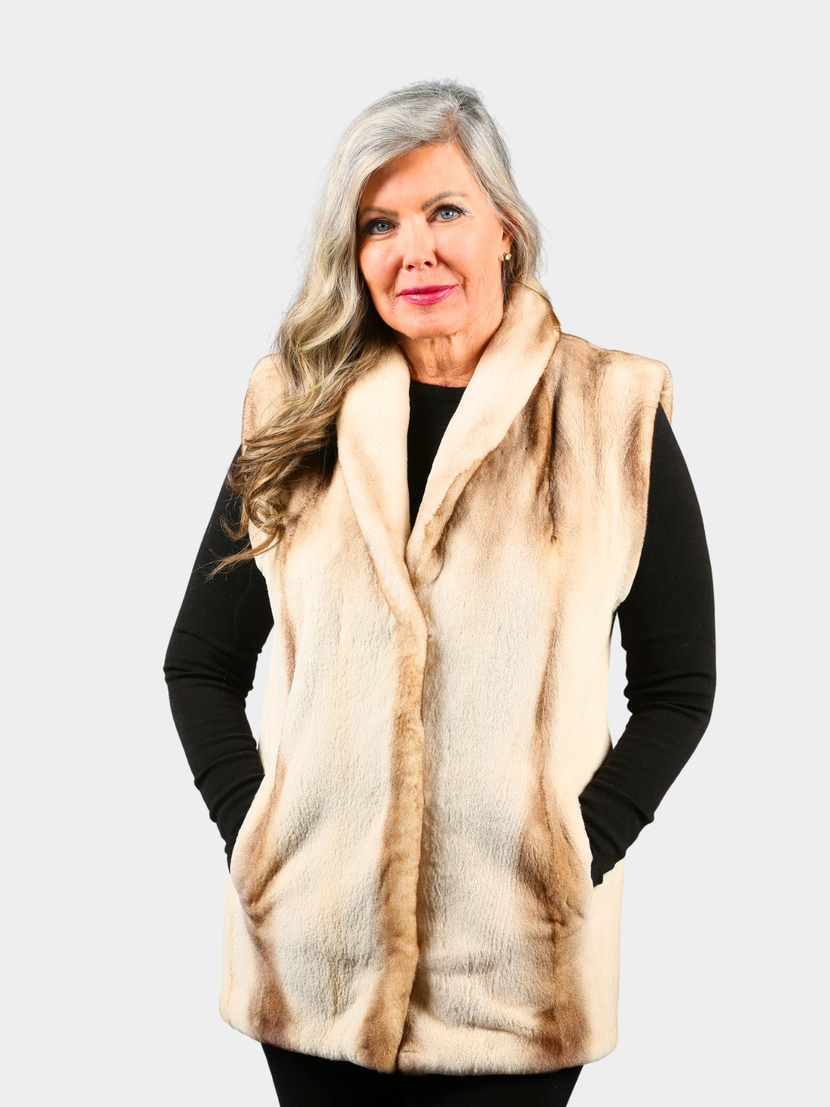Woman's Brown Semi Sheared Natural Cross Mink Fur Vest