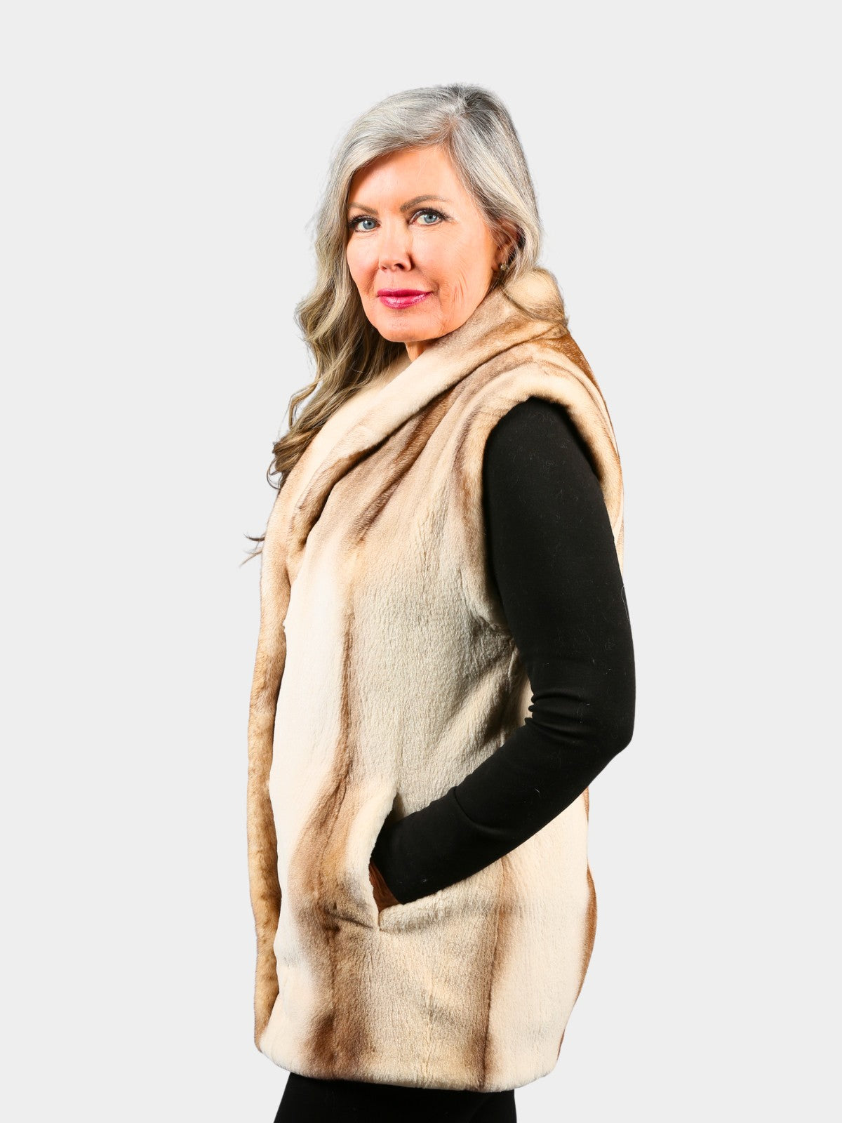 Woman's Brown Semi Sheared Natural Cross Mink Fur Vest