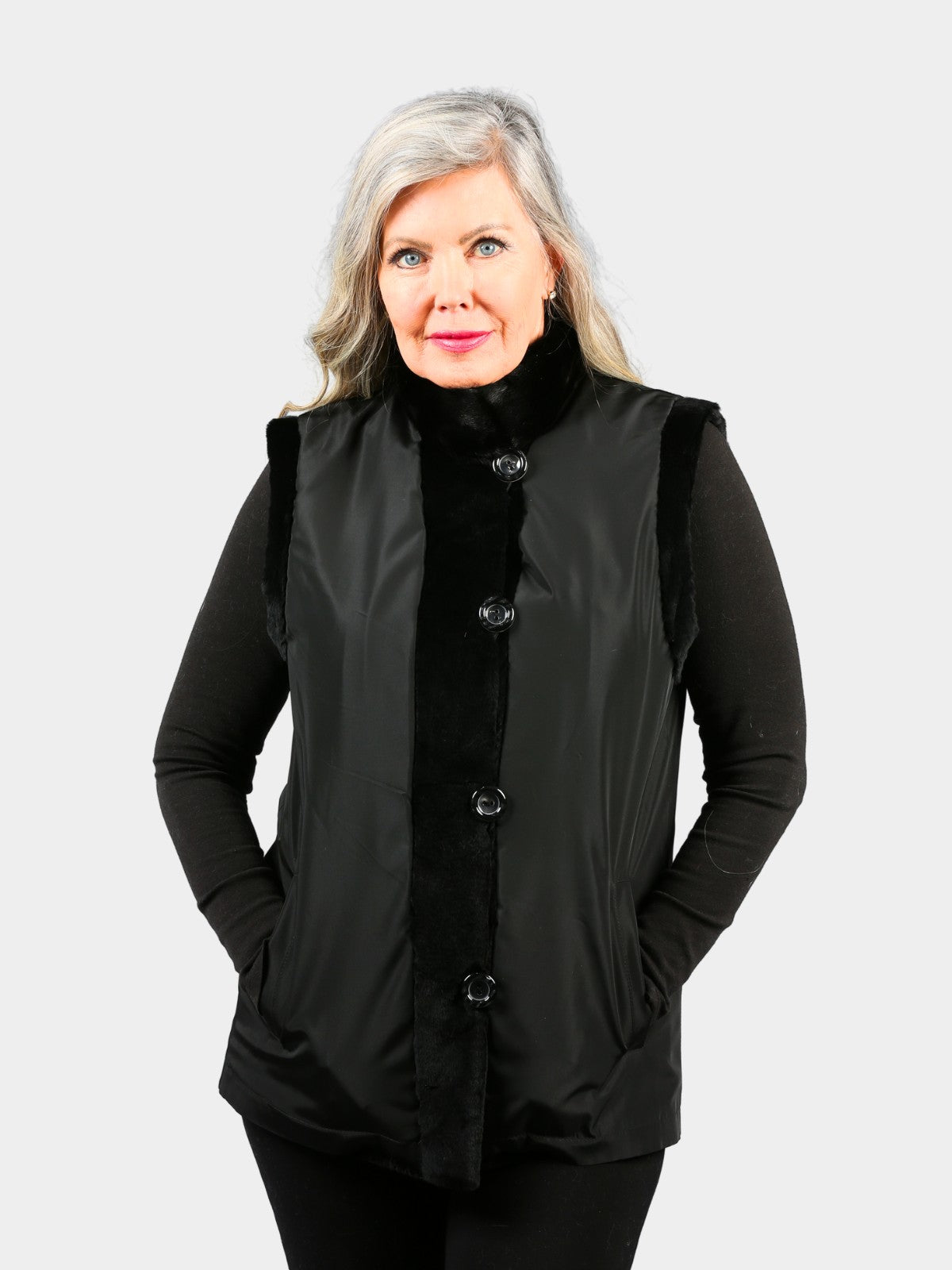 Woman's Dyed Black Sheared Mink Fur Vest (Reversible)