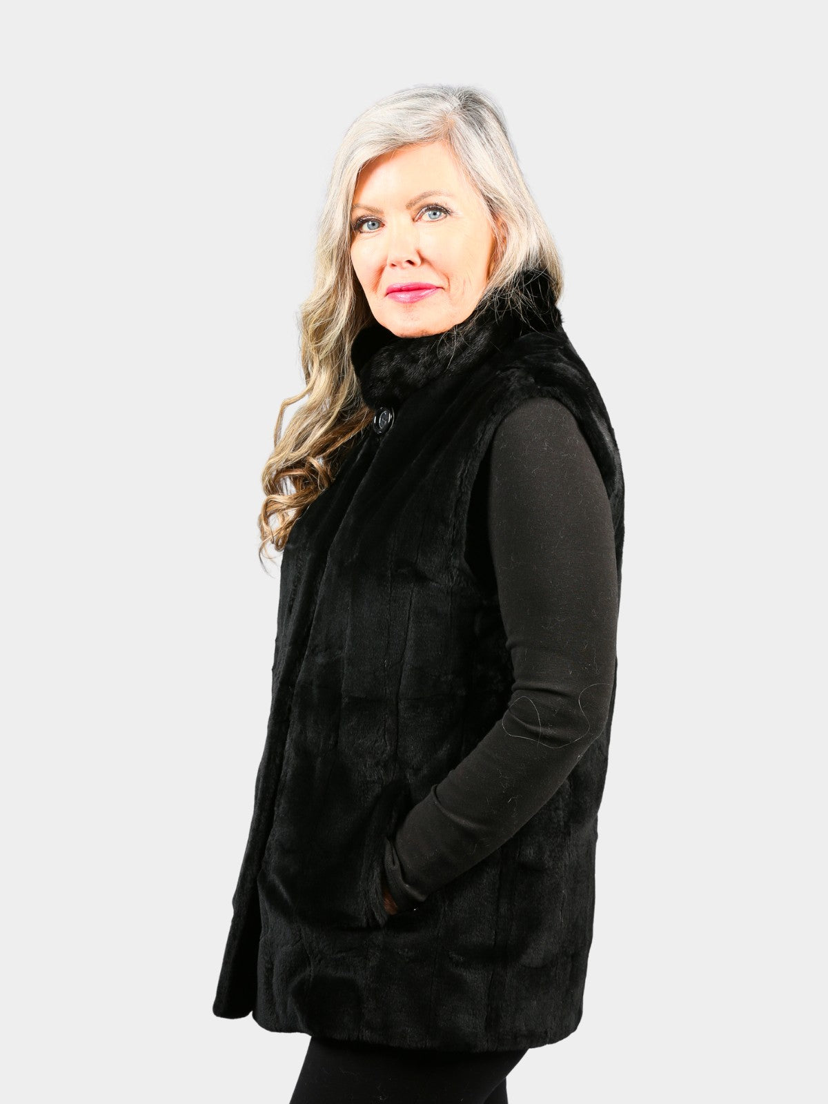 Woman's Dyed Black Sheared Mink Fur Vest (Reversible)