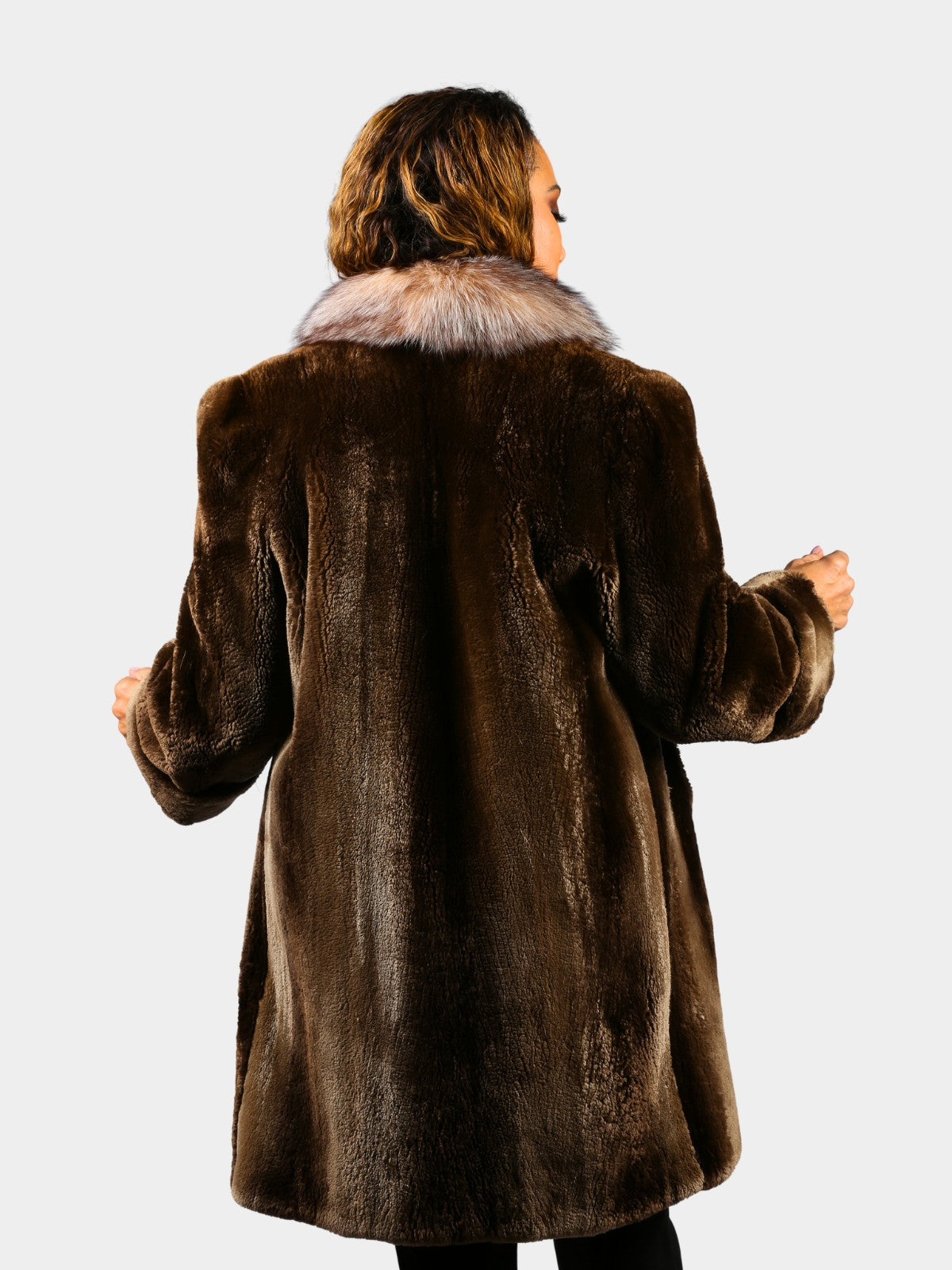 Woman's Phantom Sheared Beaver Fur 3/4 Coat with Crystal Fox Trim