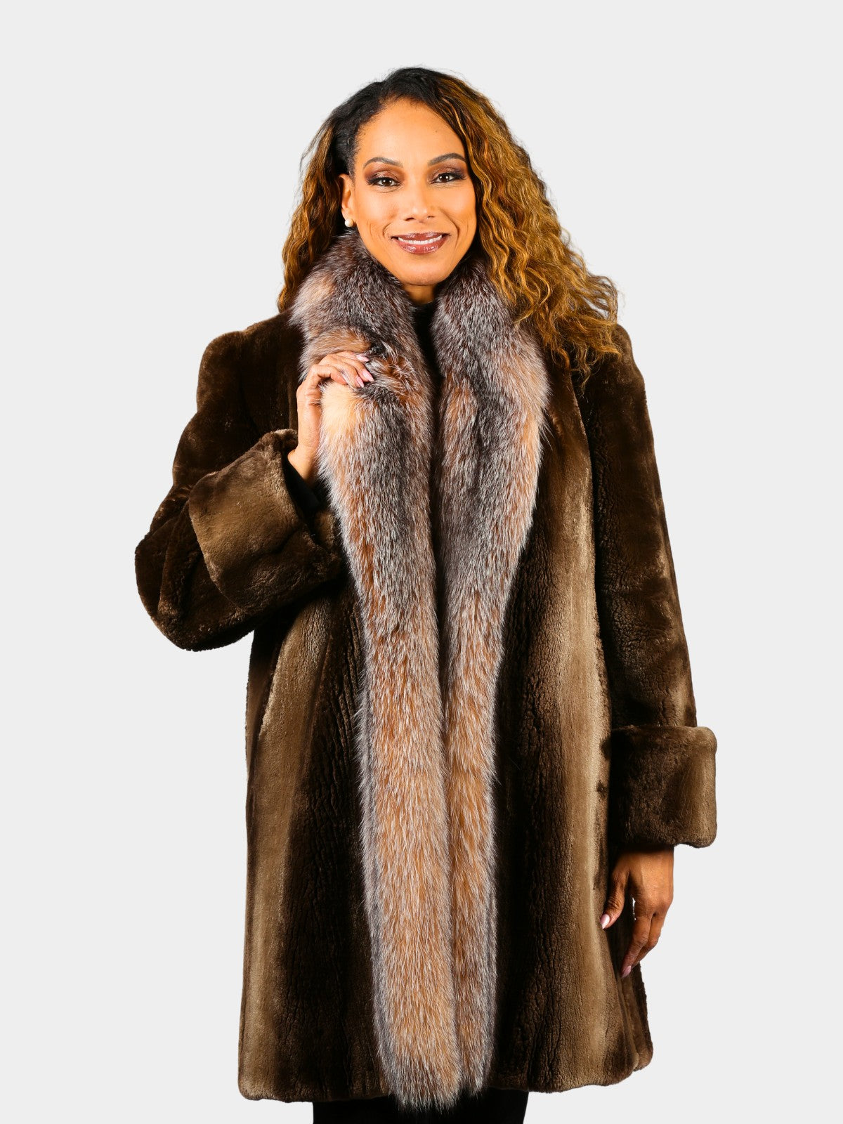Woman's Phantom Sheared Beaver Fur 3/4 Coat with Crystal Fox Trim