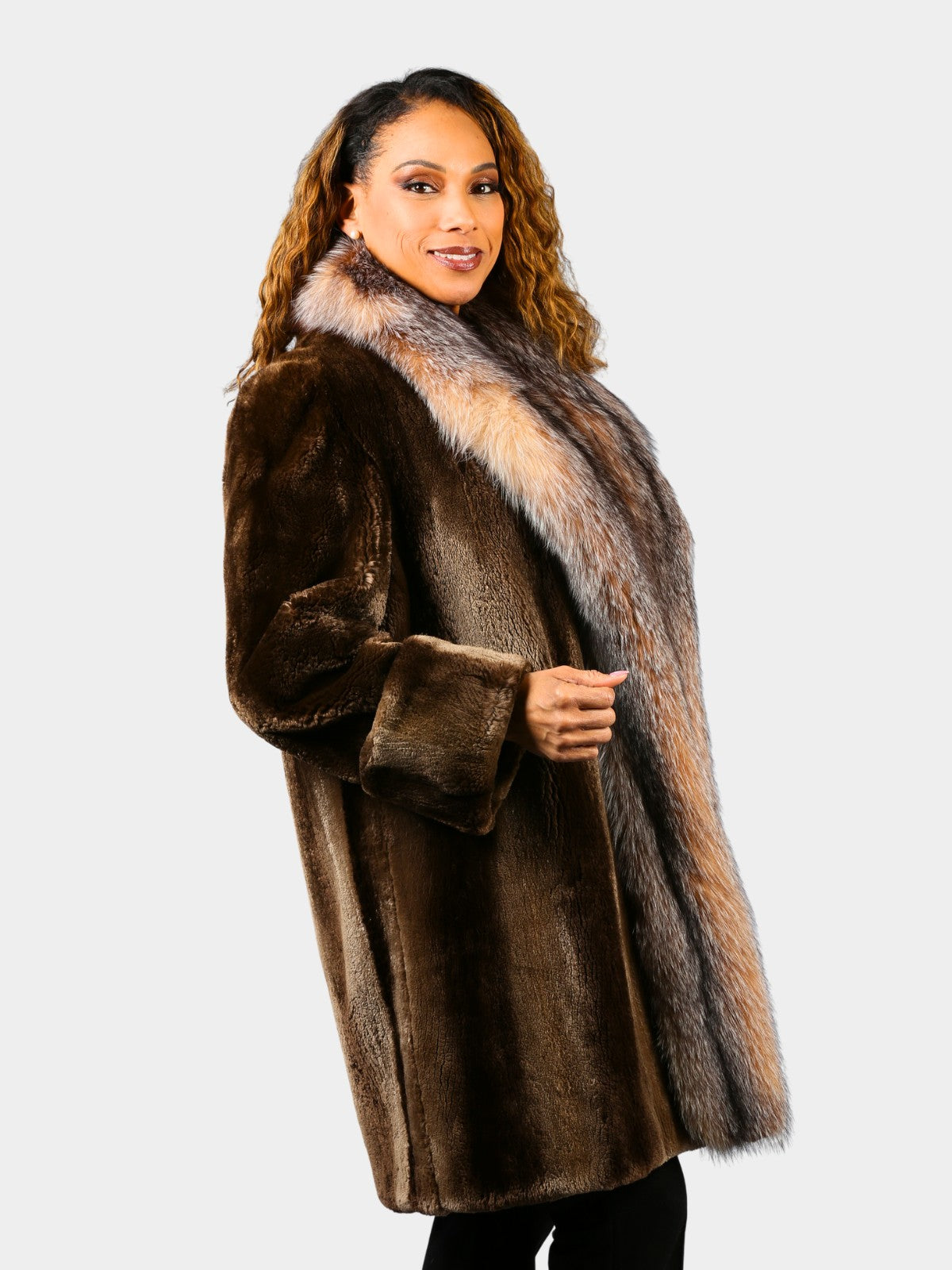 Woman's Phantom Sheared Beaver Fur 3/4 Coat with Crystal Fox Trim