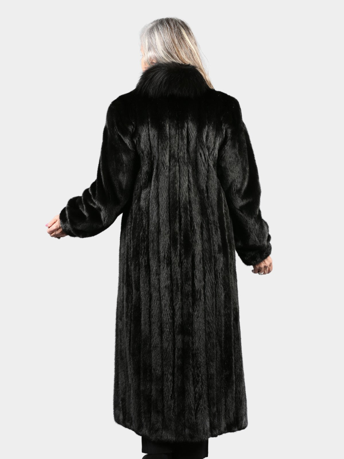 Woman's Ranch Mink Fur Coat with Dyed Black Fox Tuxedo Front
