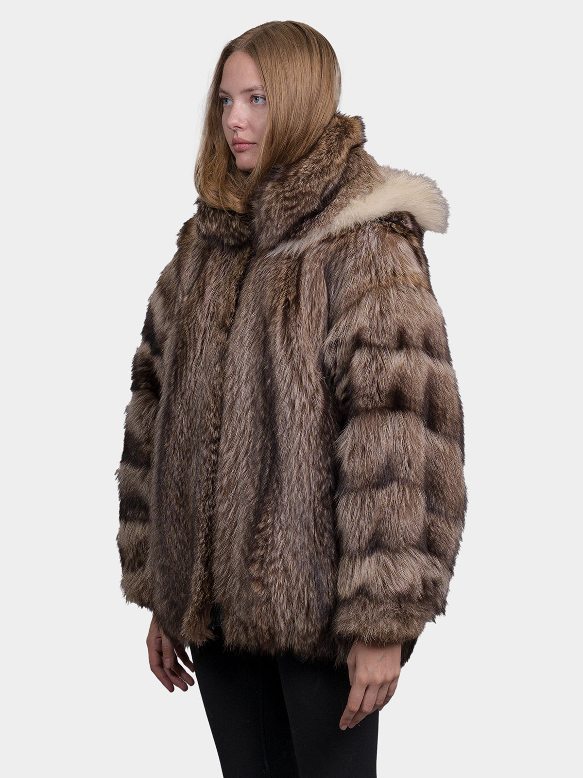 Women's Natural Raccoon Jacket With Hood