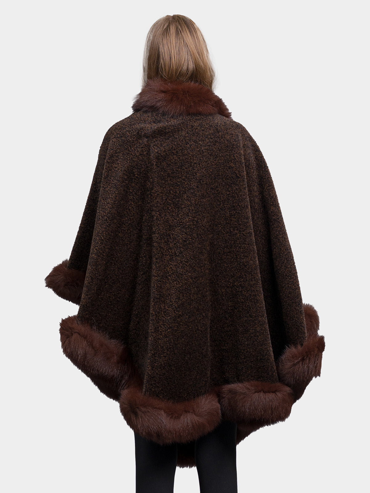 Women's Brown Cloth Cape With Fox Trim