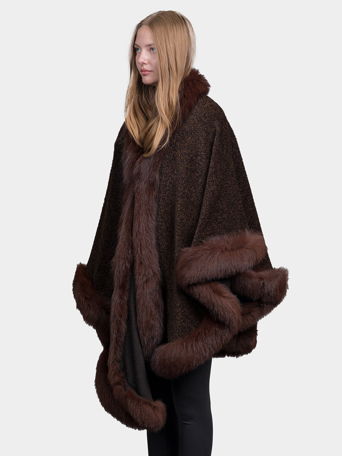 Women's Brown Cloth Cape With Fox Trim