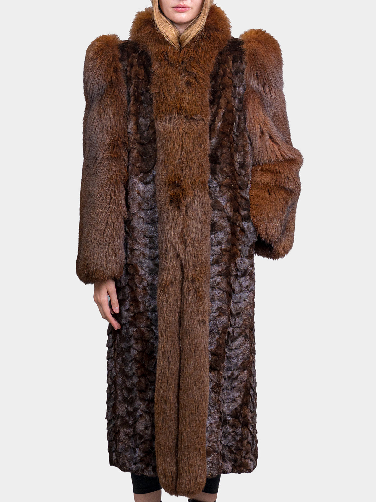 Women's Mahogany Mink Section Coat with Fox Tuxedo