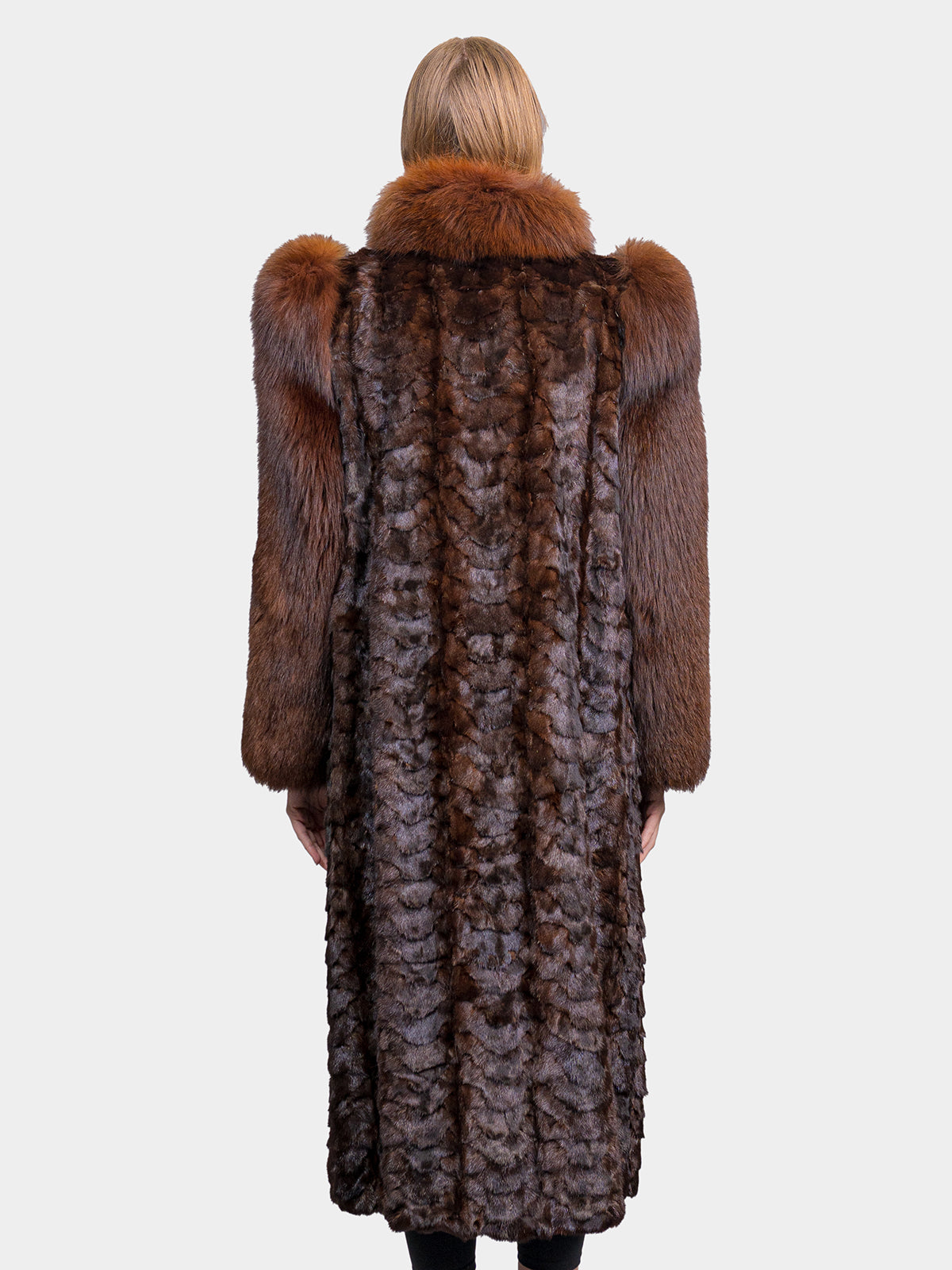 Women's Mahogany Mink Section Coat with Fox Tuxedo