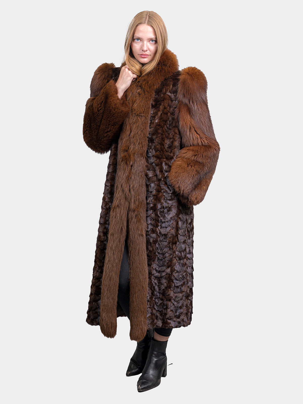 Women's Mahogany Mink Section Coat with Fox Tuxedo