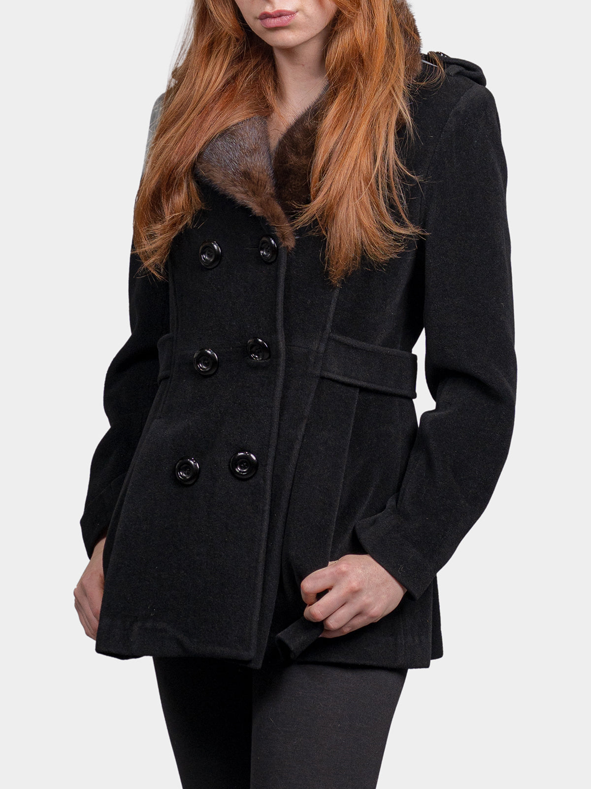 Women's Black Wool Jacket with Mahogany Mink Collar
