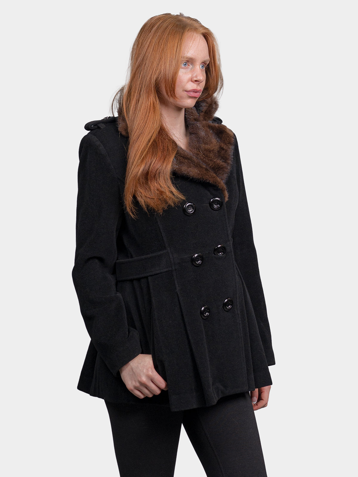 Women's Black Wool Jacket with Mahogany Mink Collar
