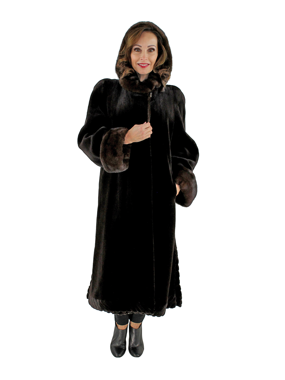 Dark Brown Sheared Mink Fur Coat with Detachable Hood - Women's Mink ...