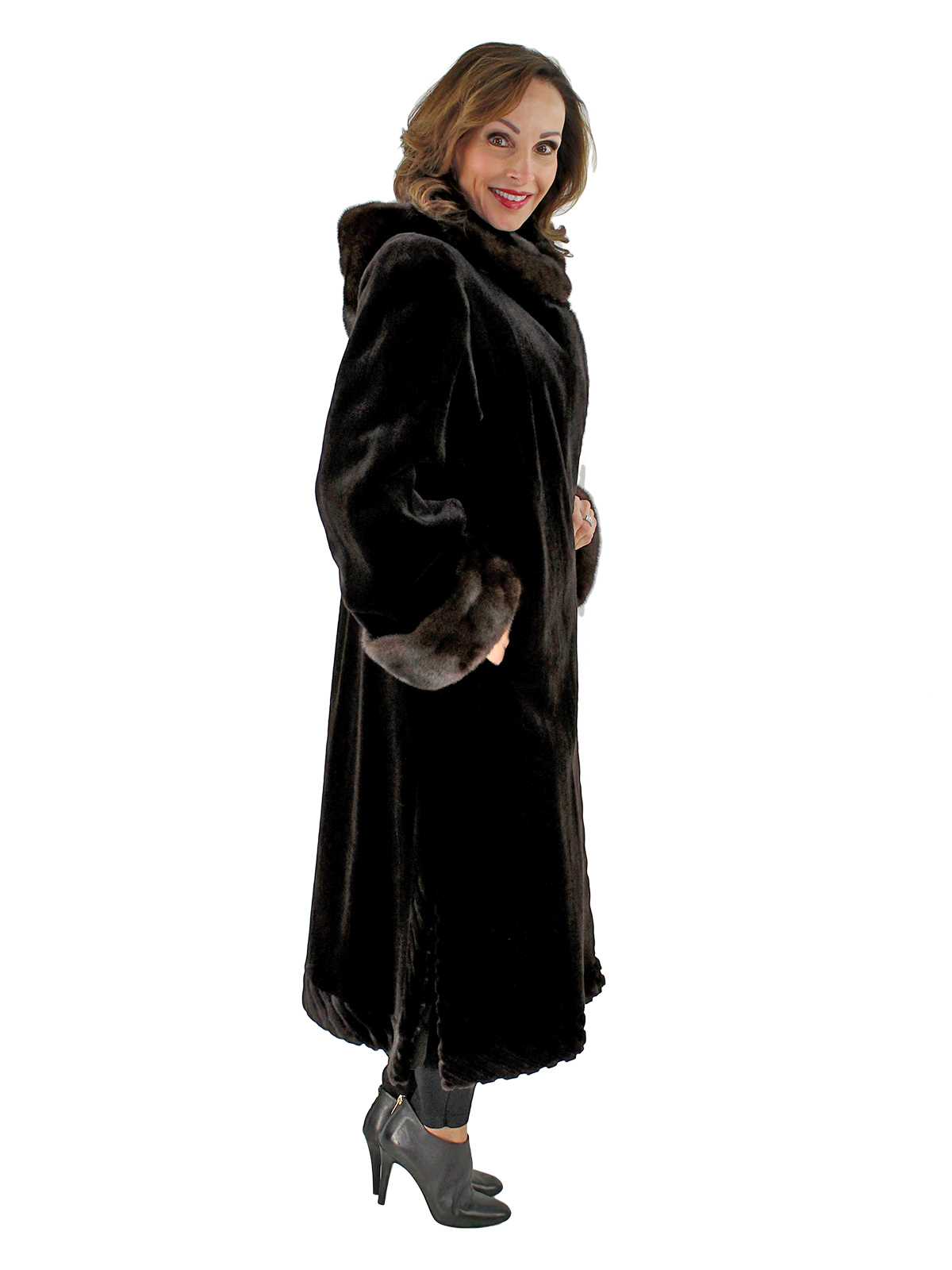 Dark Brown Sheared Mink Fur Coat with Detachable Hood - Women's Mink ...