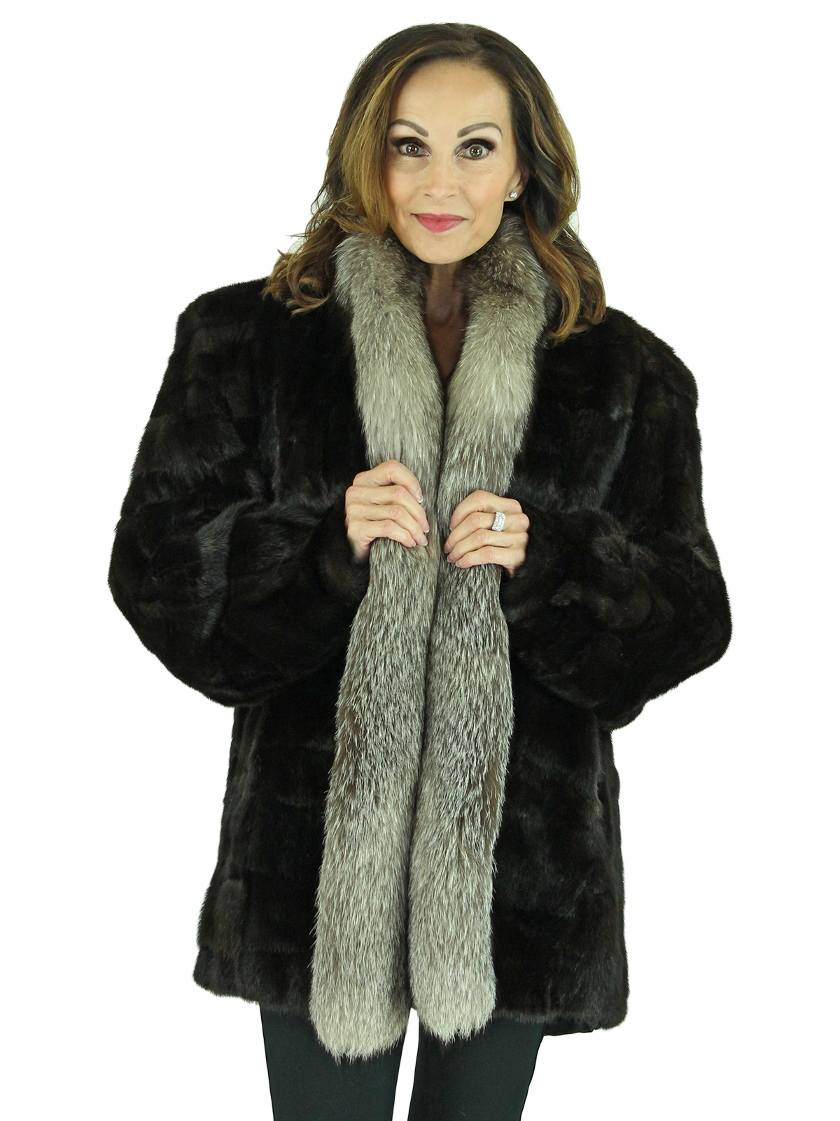 Ranch Sectioned Mink Fur Jacket with Indigo Fox Tuxedo Front - Women's ...