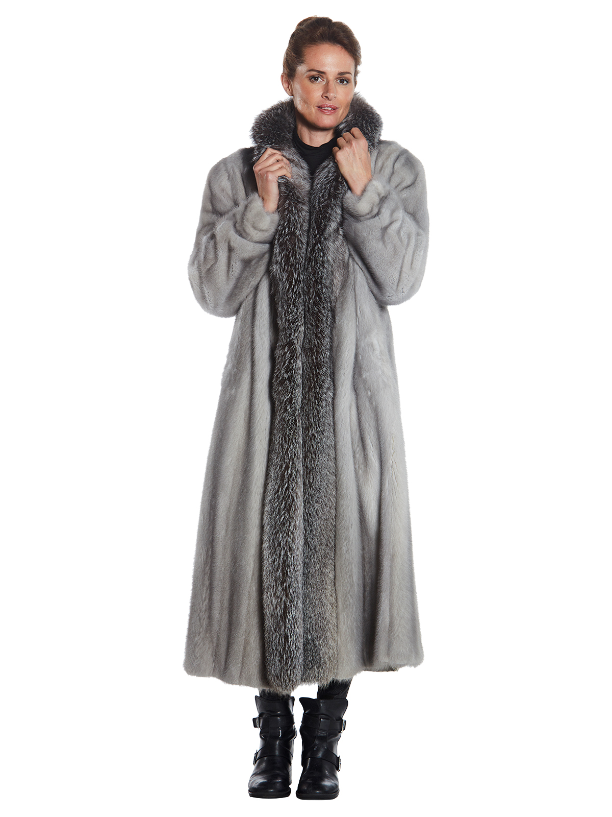 Woman's Full Length Grey Cerulean Mink and Fox Fur Coat