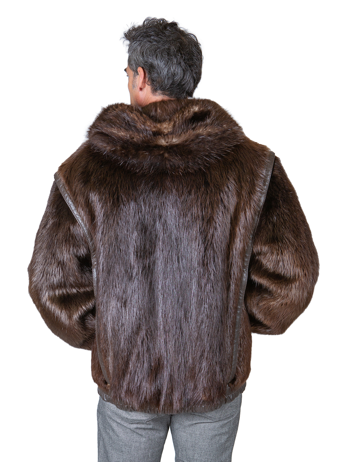Medium Tone Long Haired Beaver Fur Parka with Leather Inserts - Men's ...