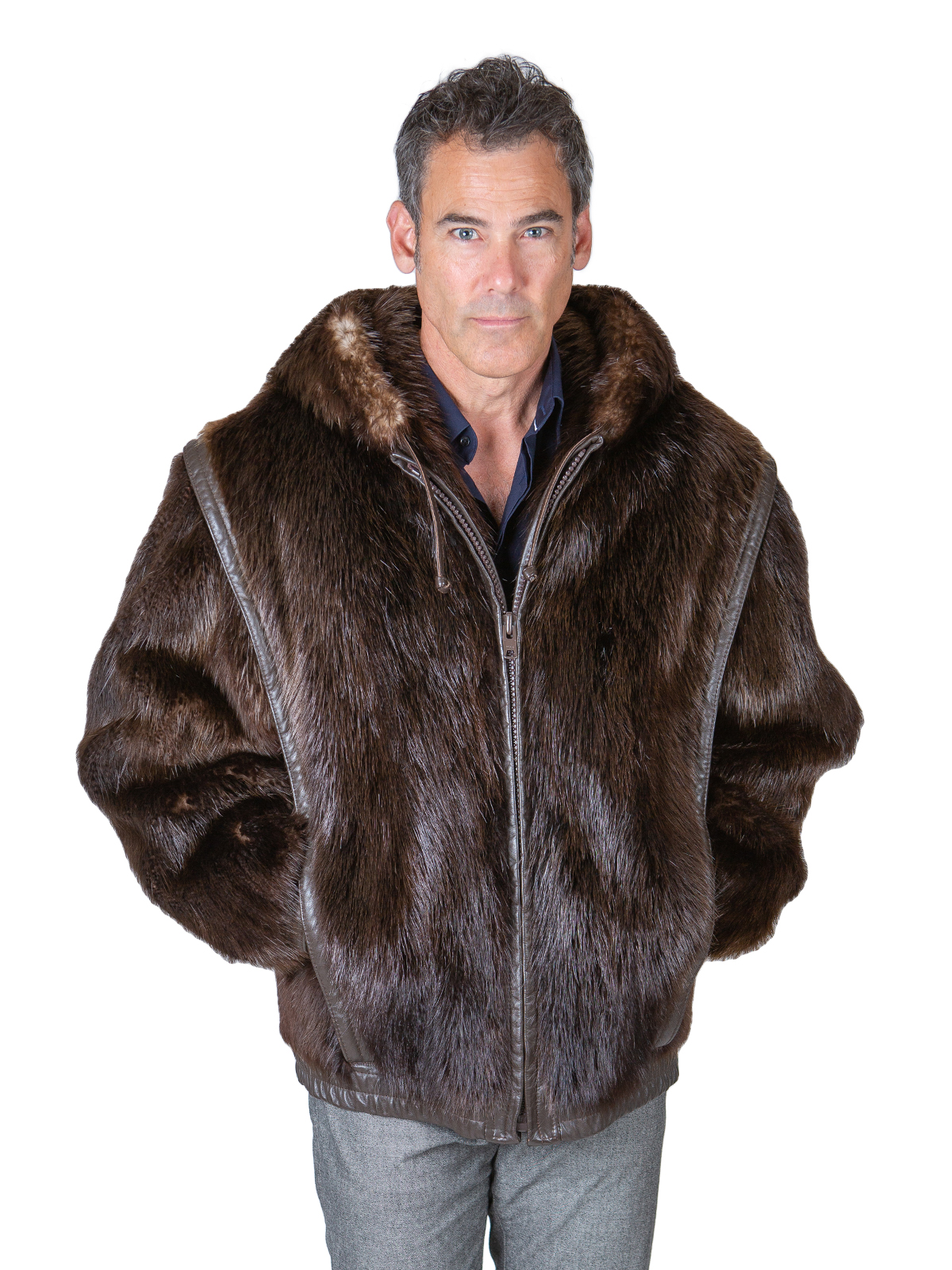 Man's Medium Tone Long Haired Beaver Fur Parka with Leather Inserts