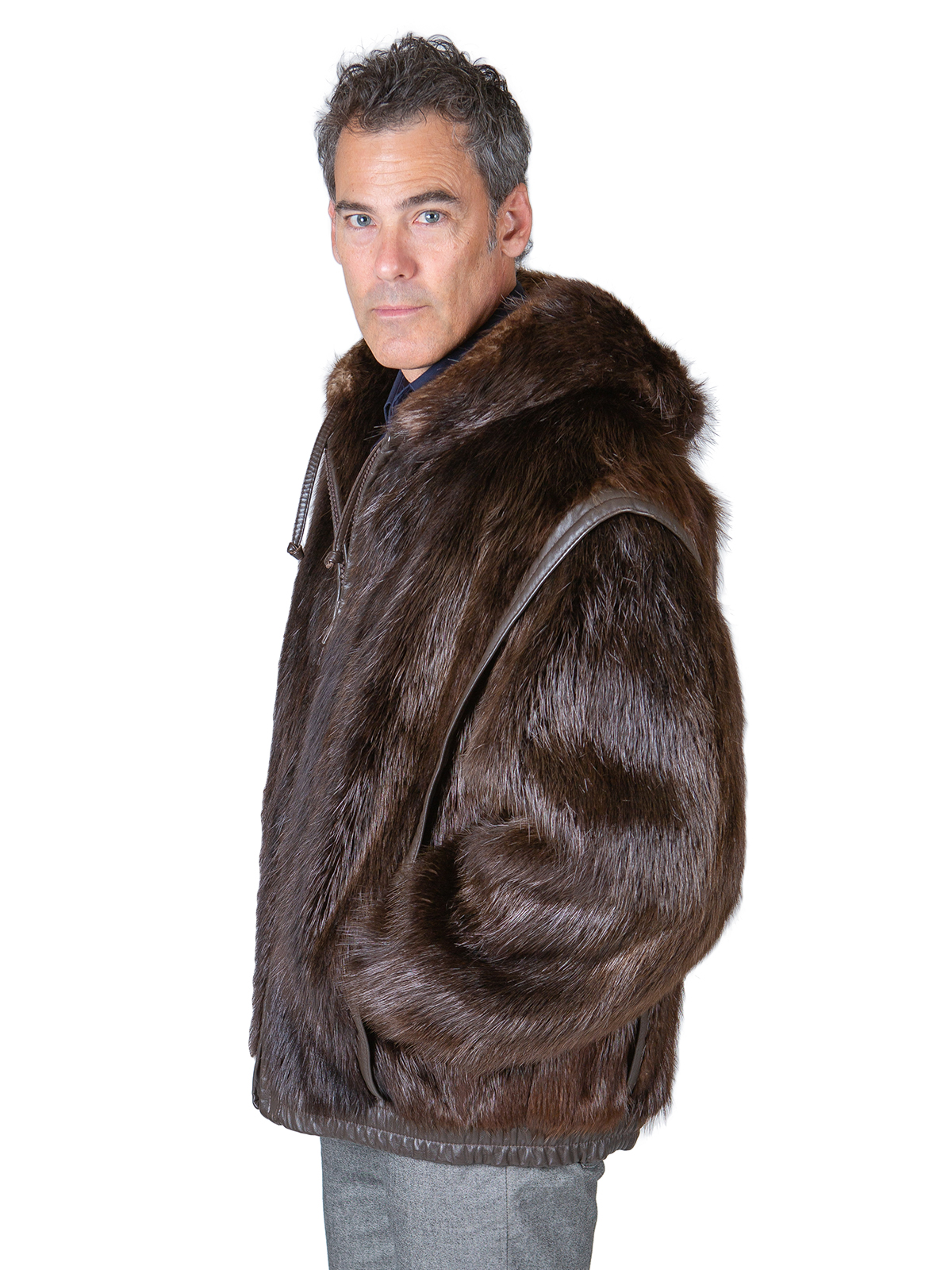Medium Tone Long Haired Beaver Fur Parka with Leather Inserts - Men's ...