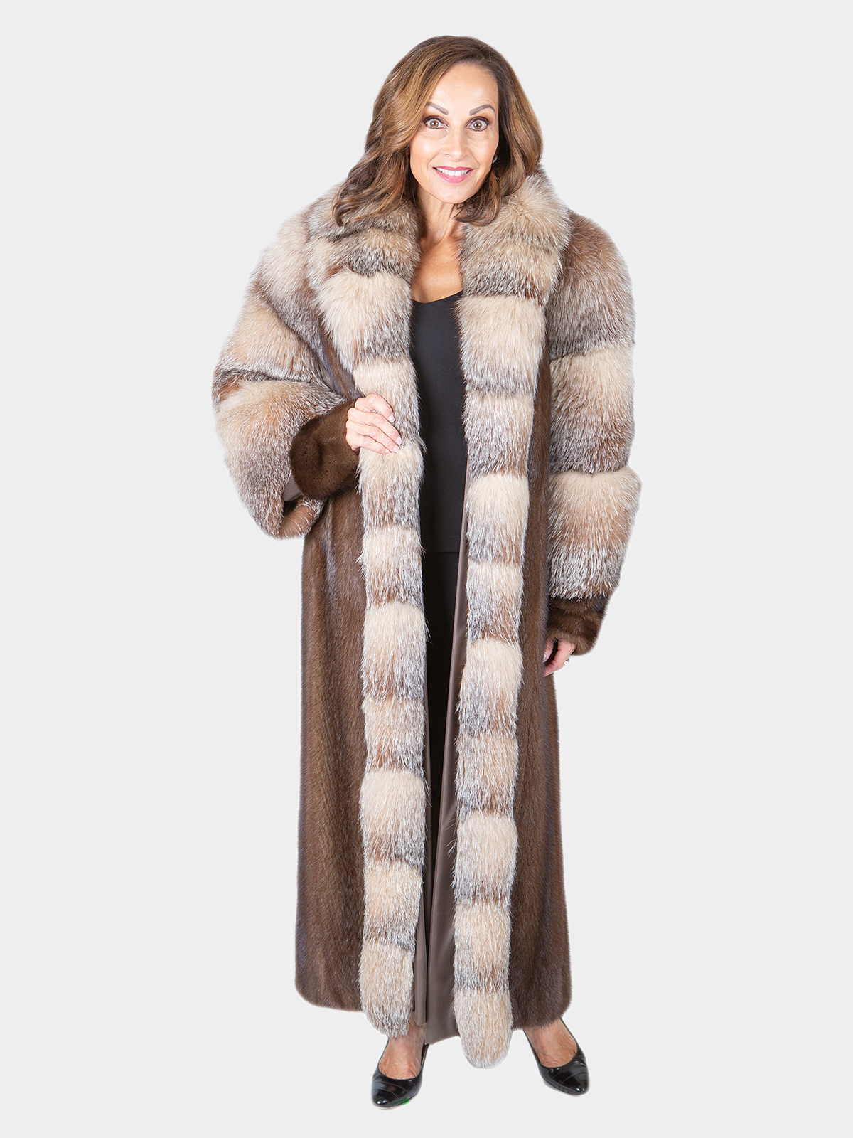 Woman's Mahogany Mink Fur Coat with Crystal Fox Tuxedo Front and Sleeves