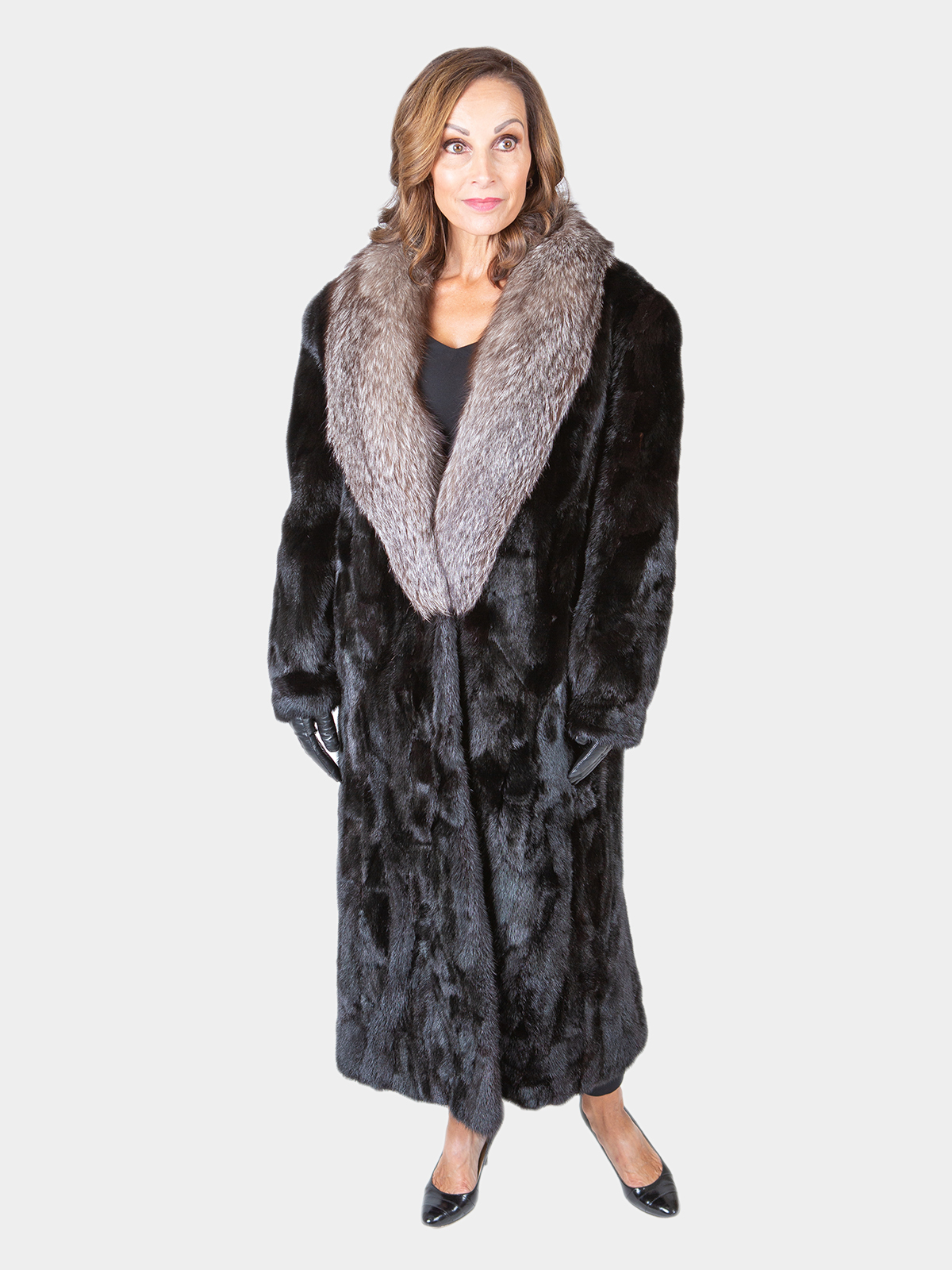 Woman's Sectioned Ranch Mink Fur Coat with Indigo Fox Collar