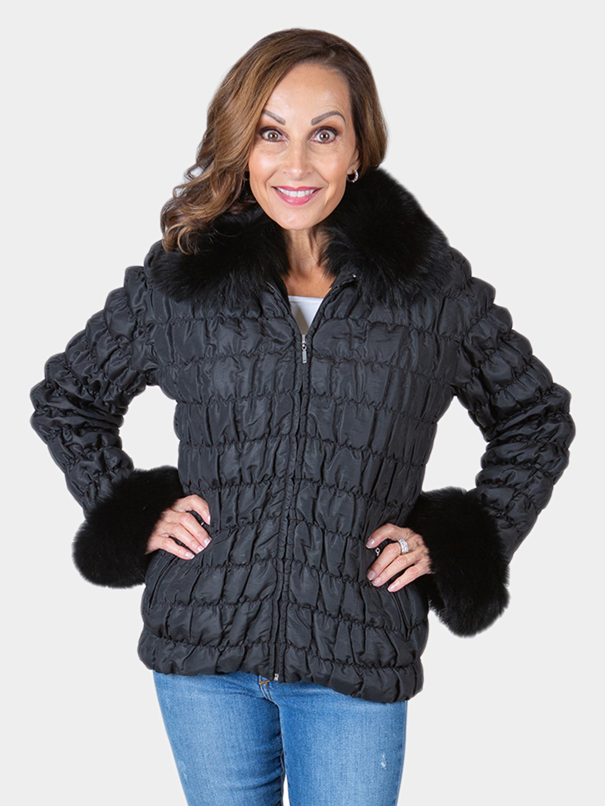 Woman's Black Fabric Jacket with Fox Fur Collar and Cuffs / Fur Lining