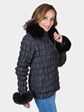 Woman's Black Fabric Jacket with Fox Fur Collar and Cuffs / Fur Lining