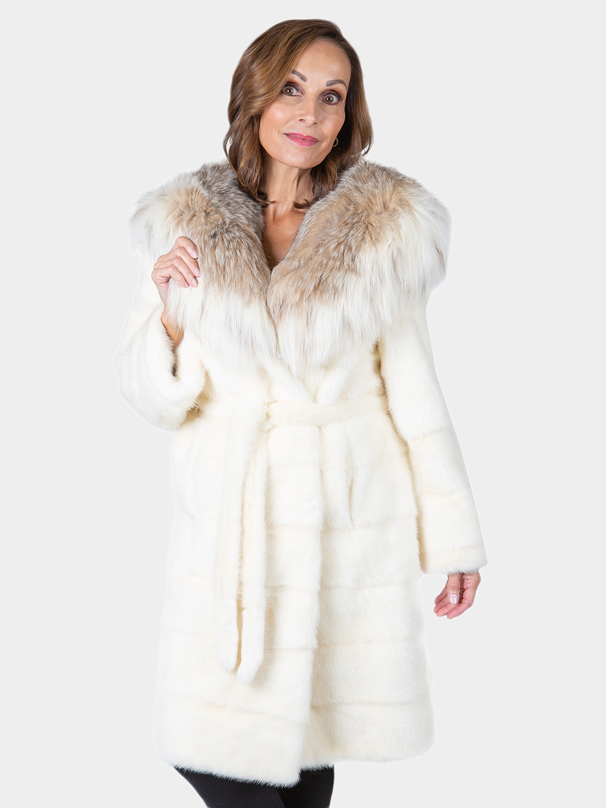 Woman's White Mink Fur Stroller with Canadian Lynx Collar and Hood