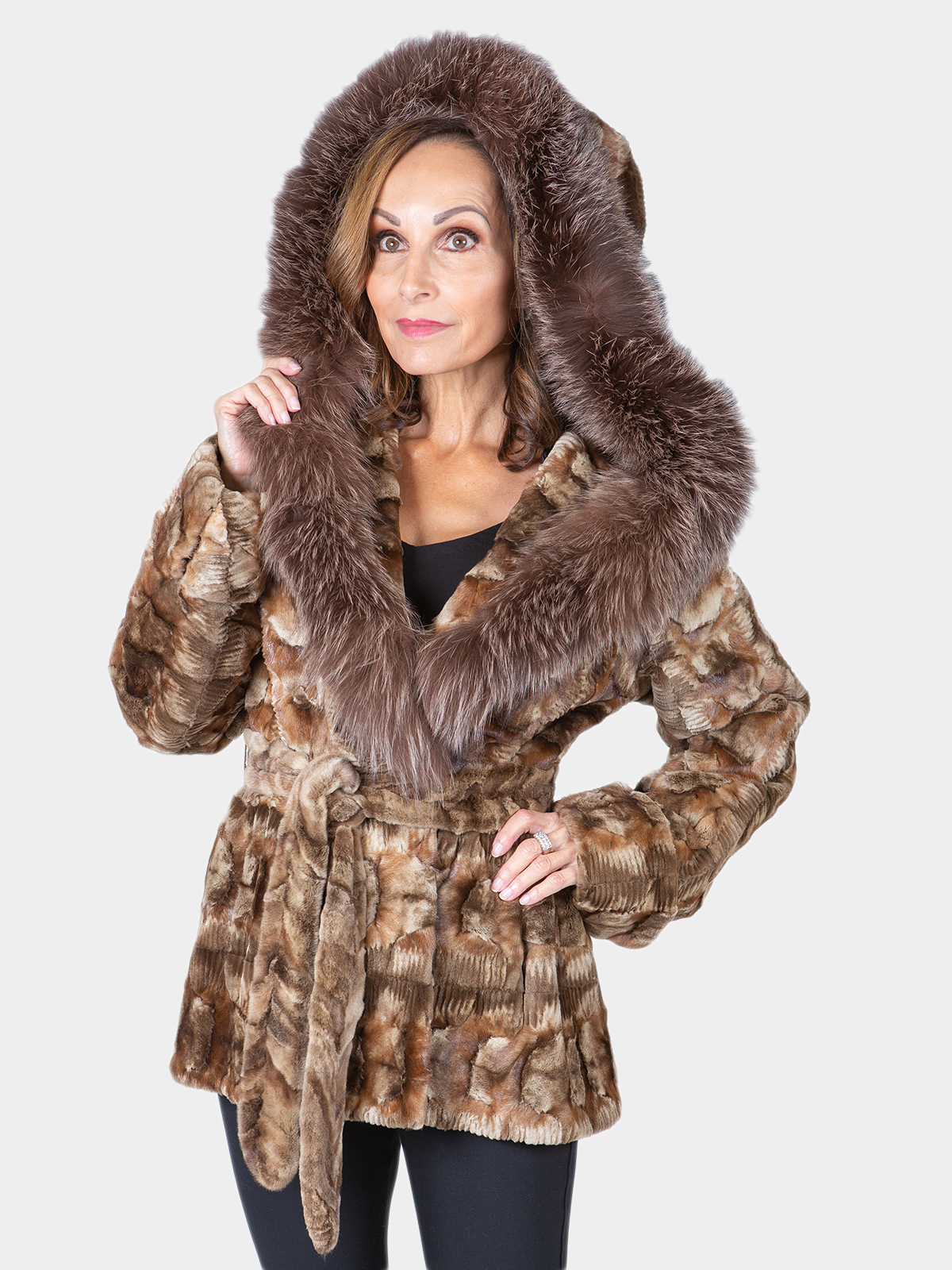 Woman's Iceberg Semi-Sheared Sculptured Mink Fur Parka with Belt